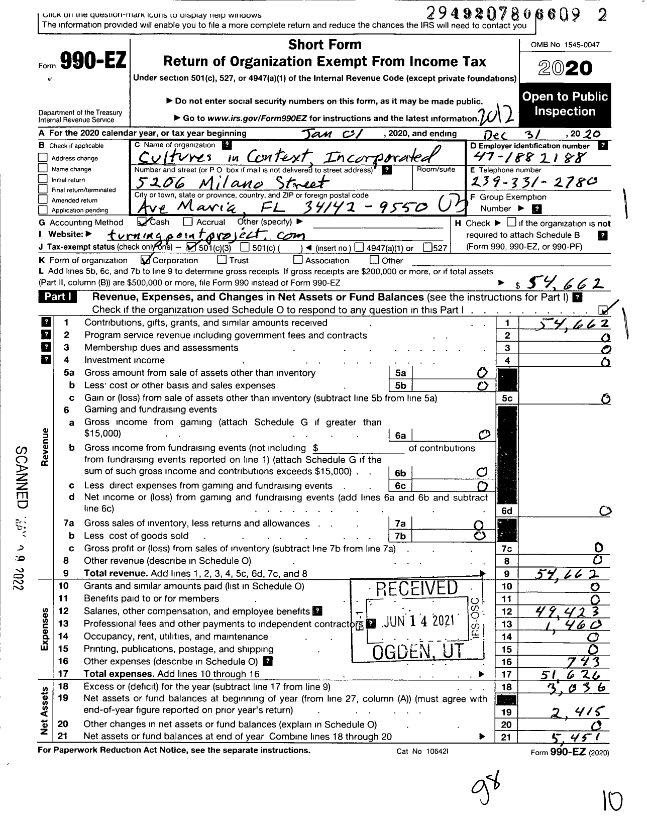 Image of first page of 2020 Form 990EZ for Cultures in Context Incorporated