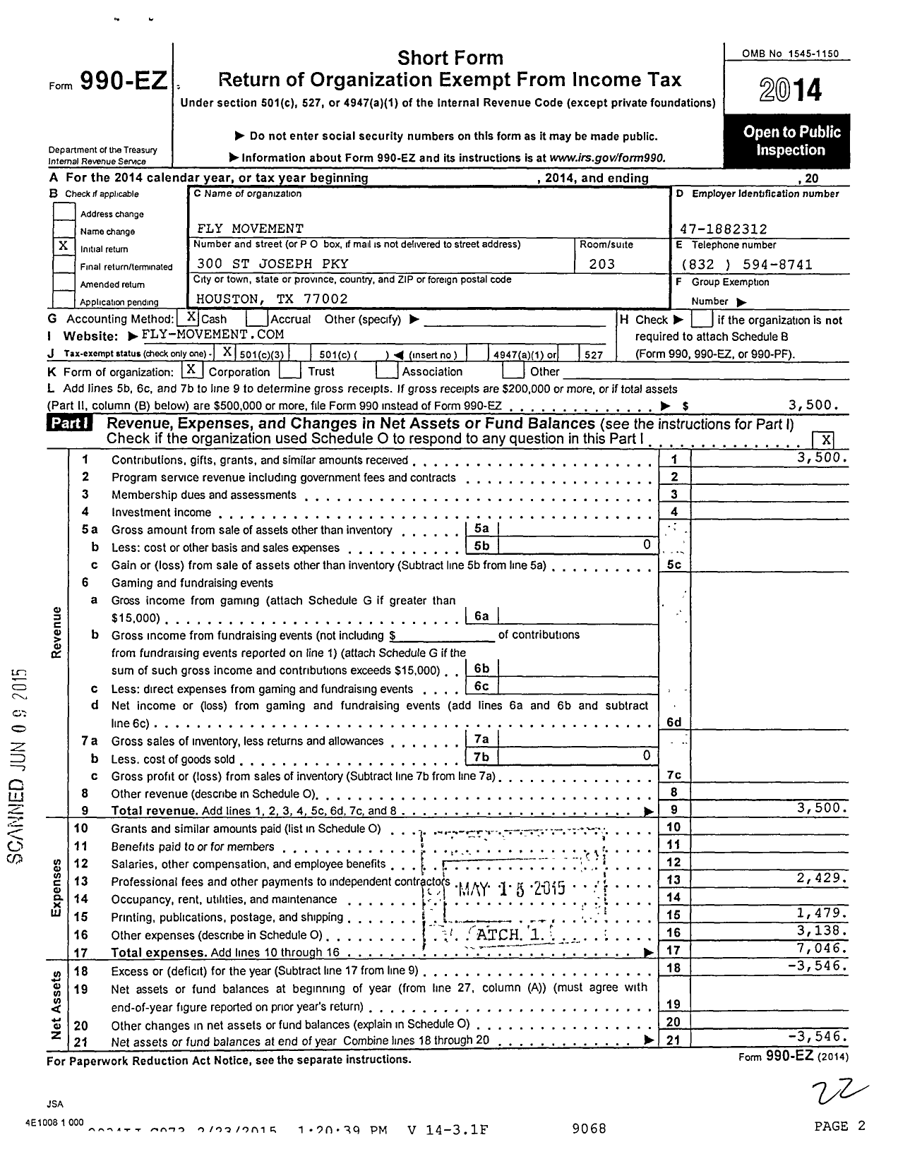 Image of first page of 2014 Form 990EZ for Fly Movement