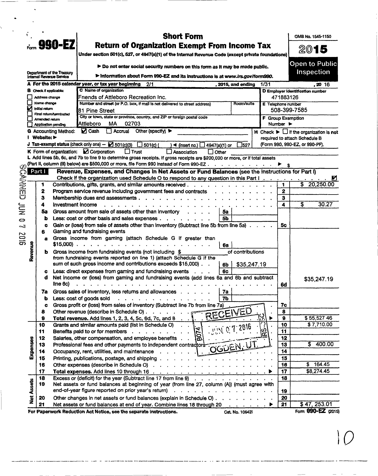 Image of first page of 2015 Form 990EZ for Friends of Attleboro Recreation (FOAR)