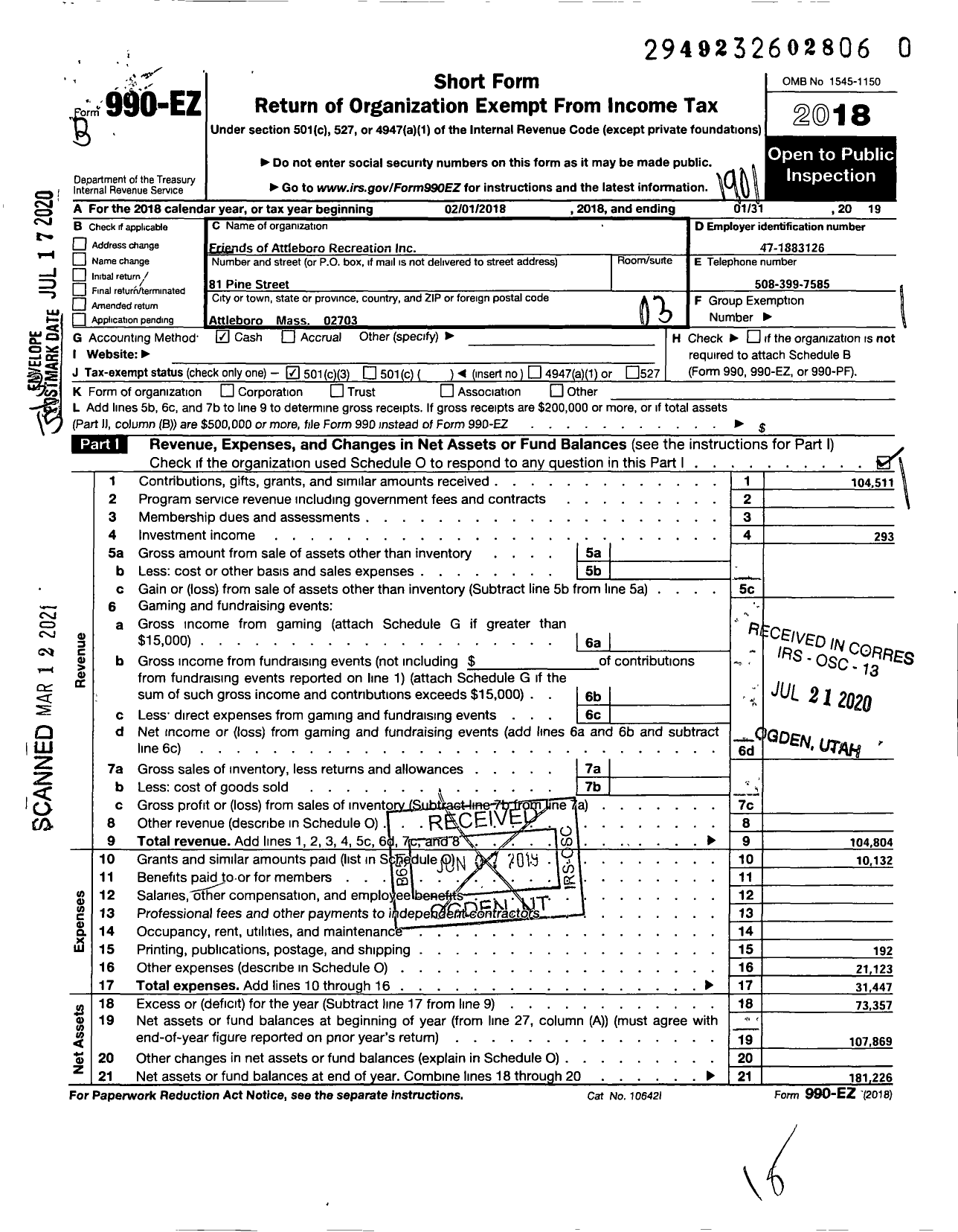 Image of first page of 2018 Form 990EZ for Friends of Attleboro Recreation (FOAR)