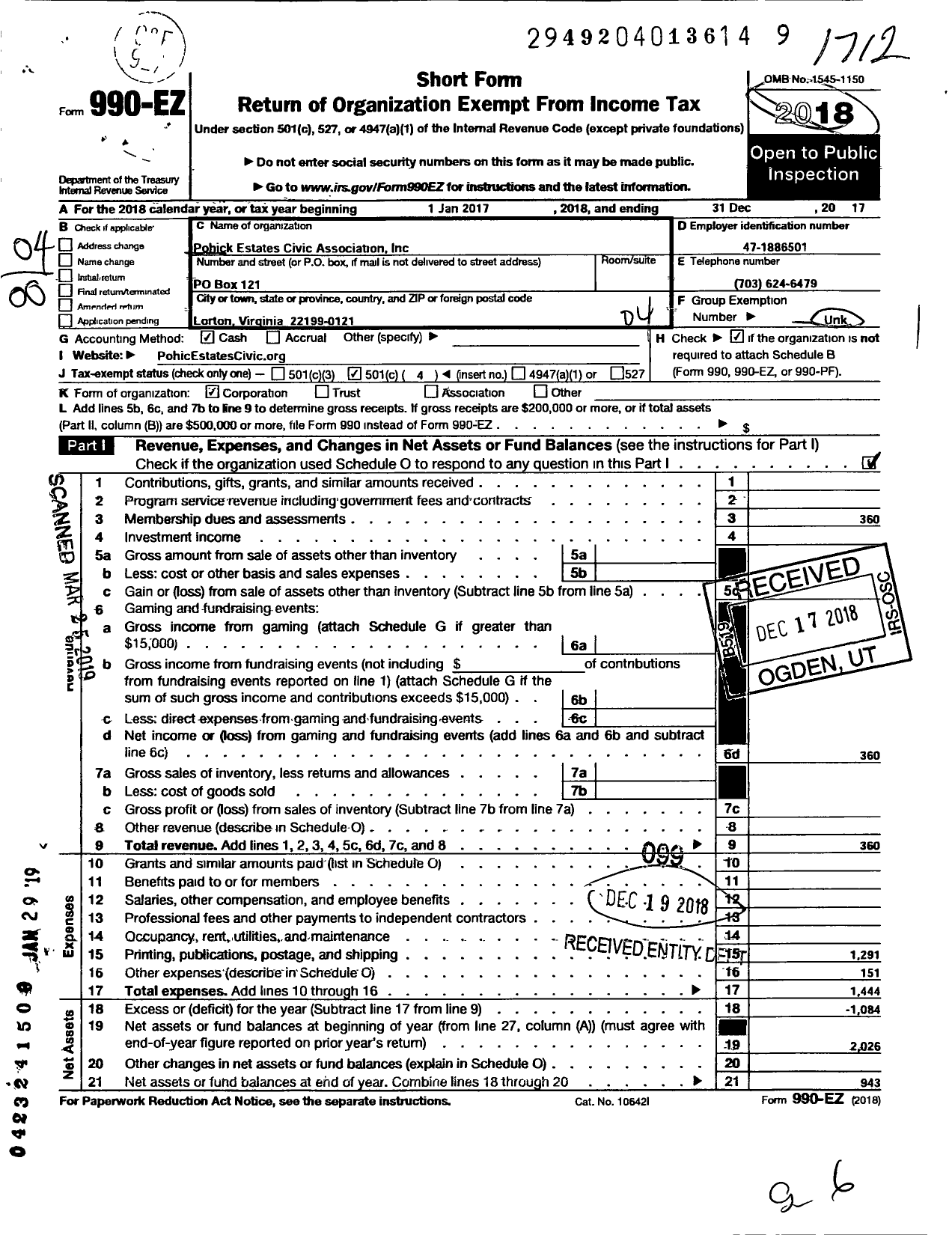 Image of first page of 2017 Form 990EO for Pohick Estates Civic Association