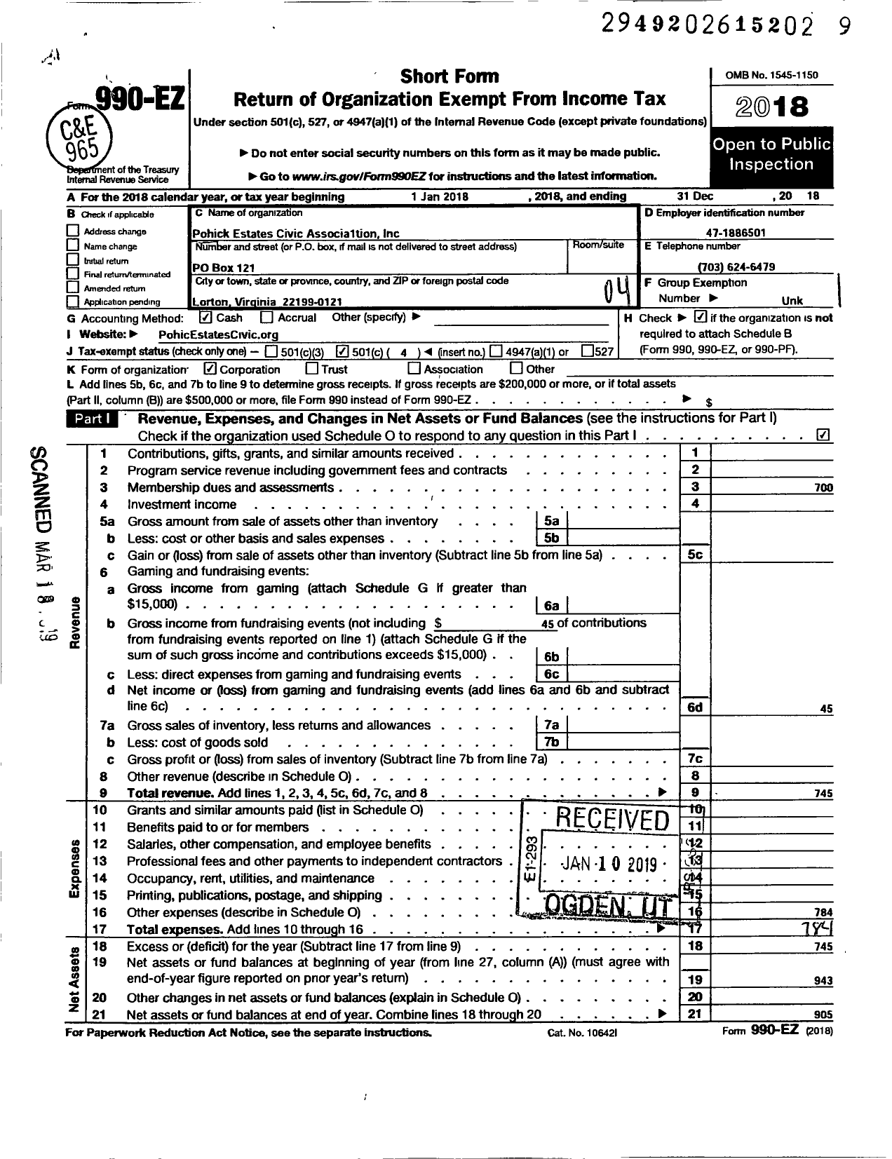 Image of first page of 2018 Form 990EO for Pohick Estates Civic Association