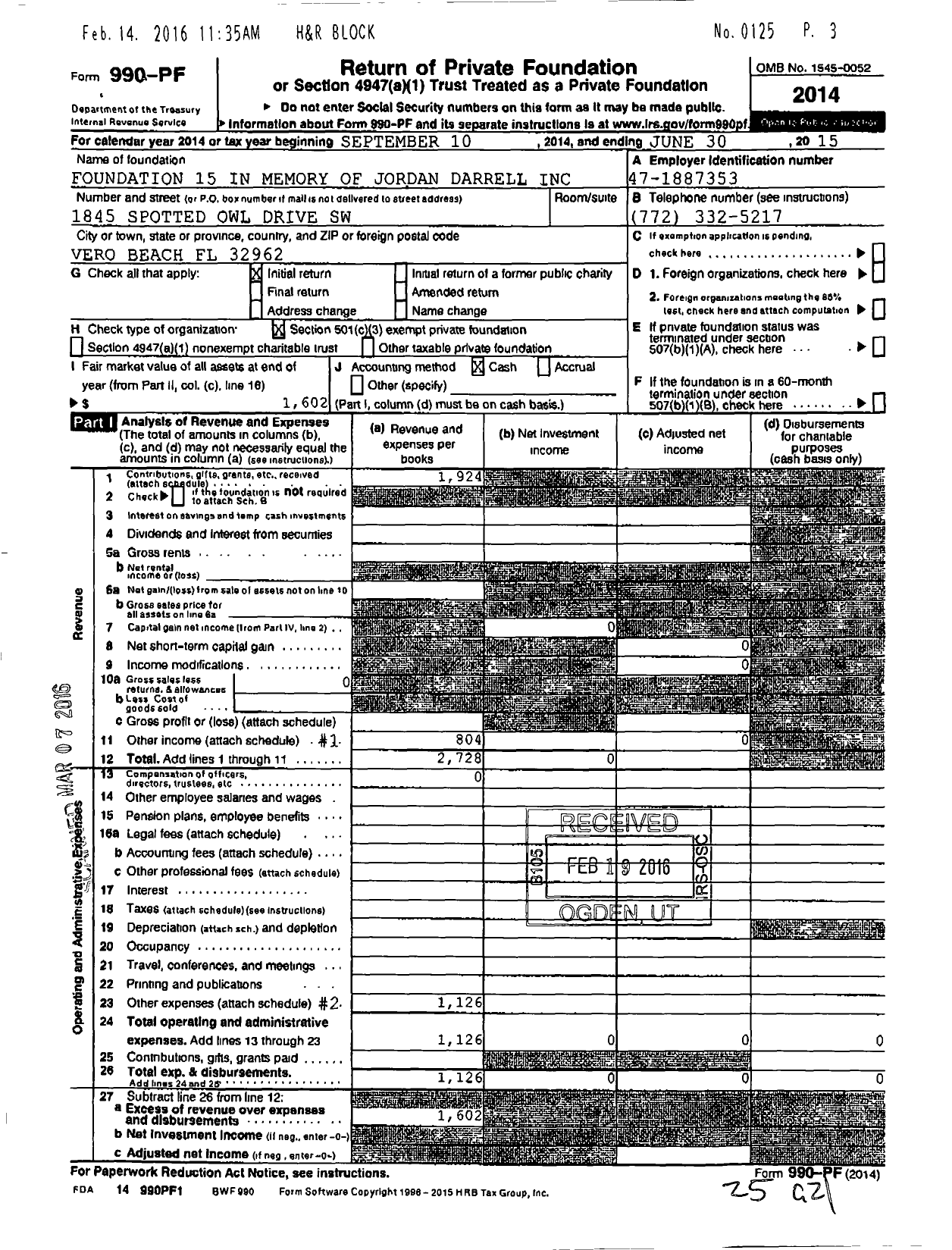 Image of first page of 2014 Form 990PF for Foundation 15 in Memory of Jo