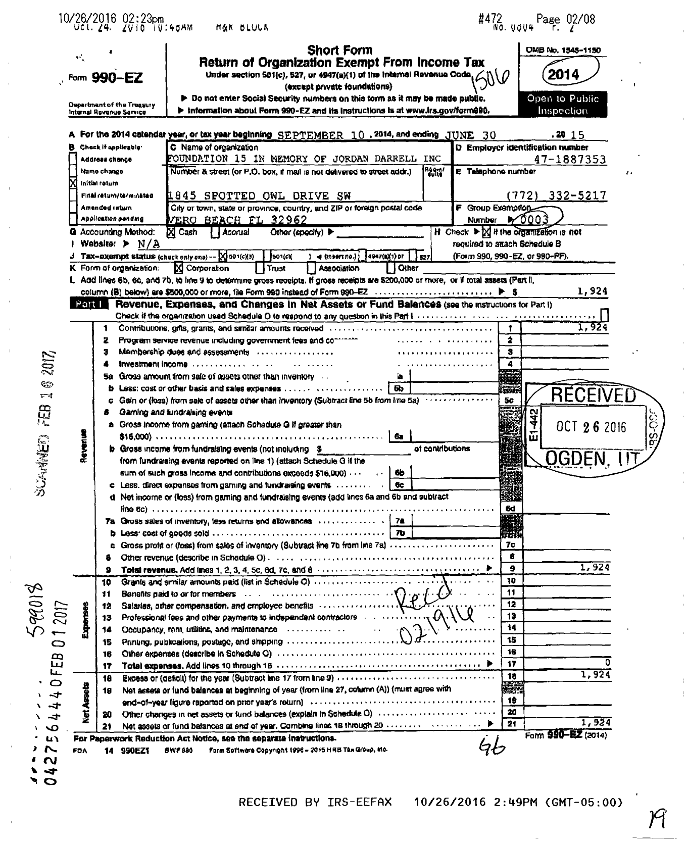 Image of first page of 2014 Form 990EZ for Foundation 15 in Memory of Jo