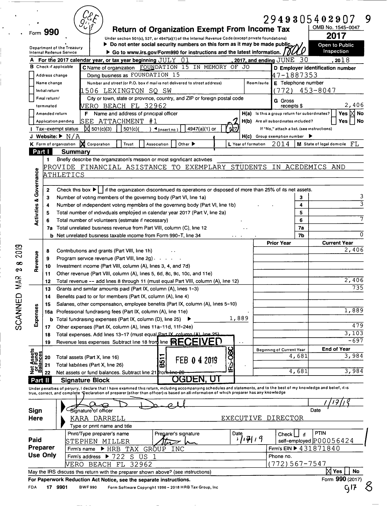 Image of first page of 2017 Form 990 for Foundation 15 in Memory of Jo