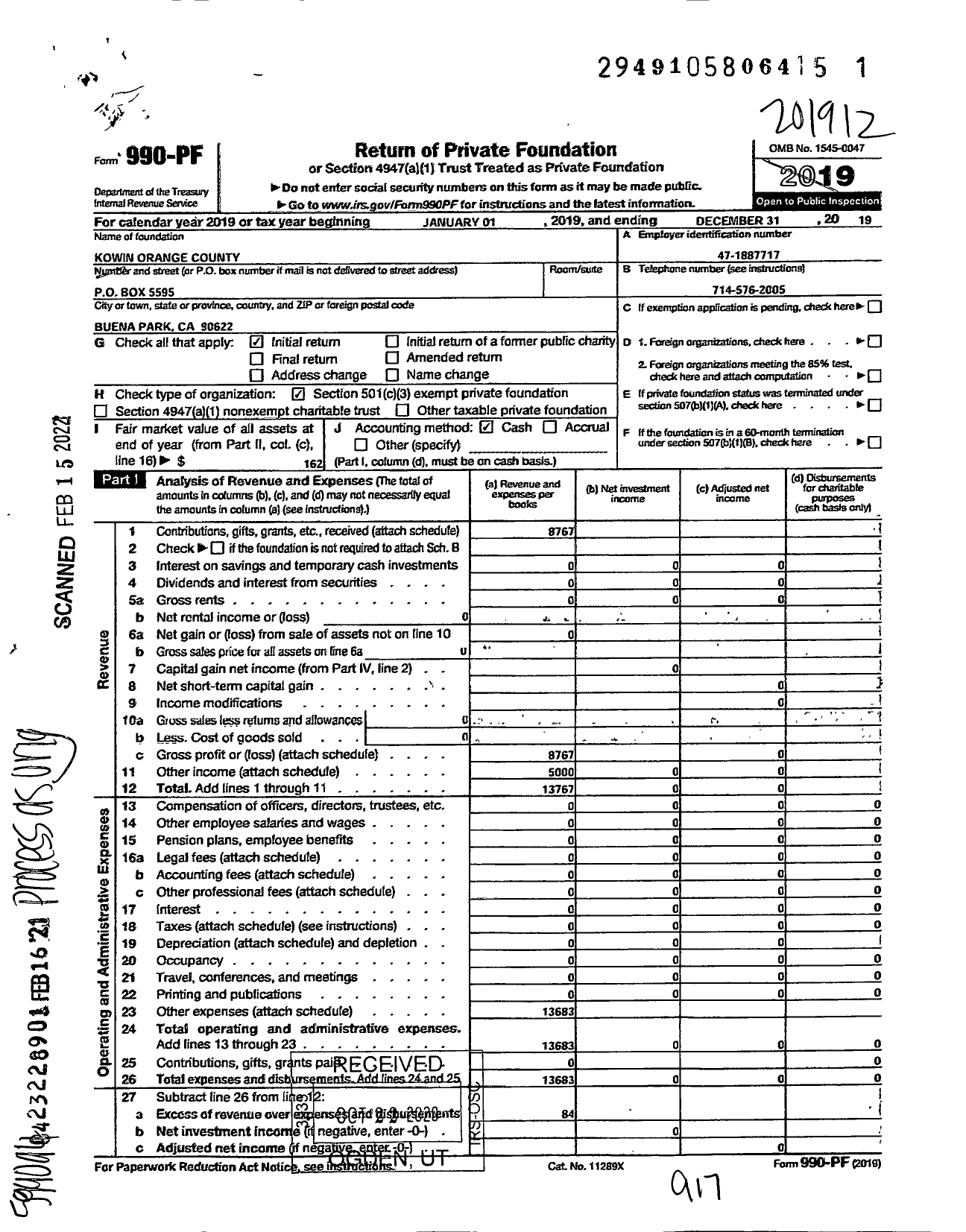 Image of first page of 2019 Form 990PF for Kowin Orange County