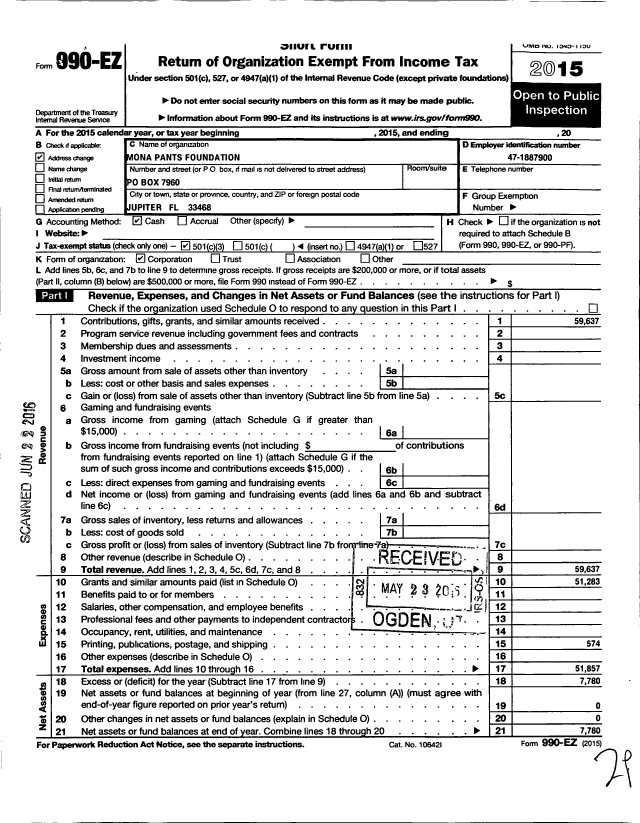 Image of first page of 2015 Form 990EZ for Mona Pants Foundation