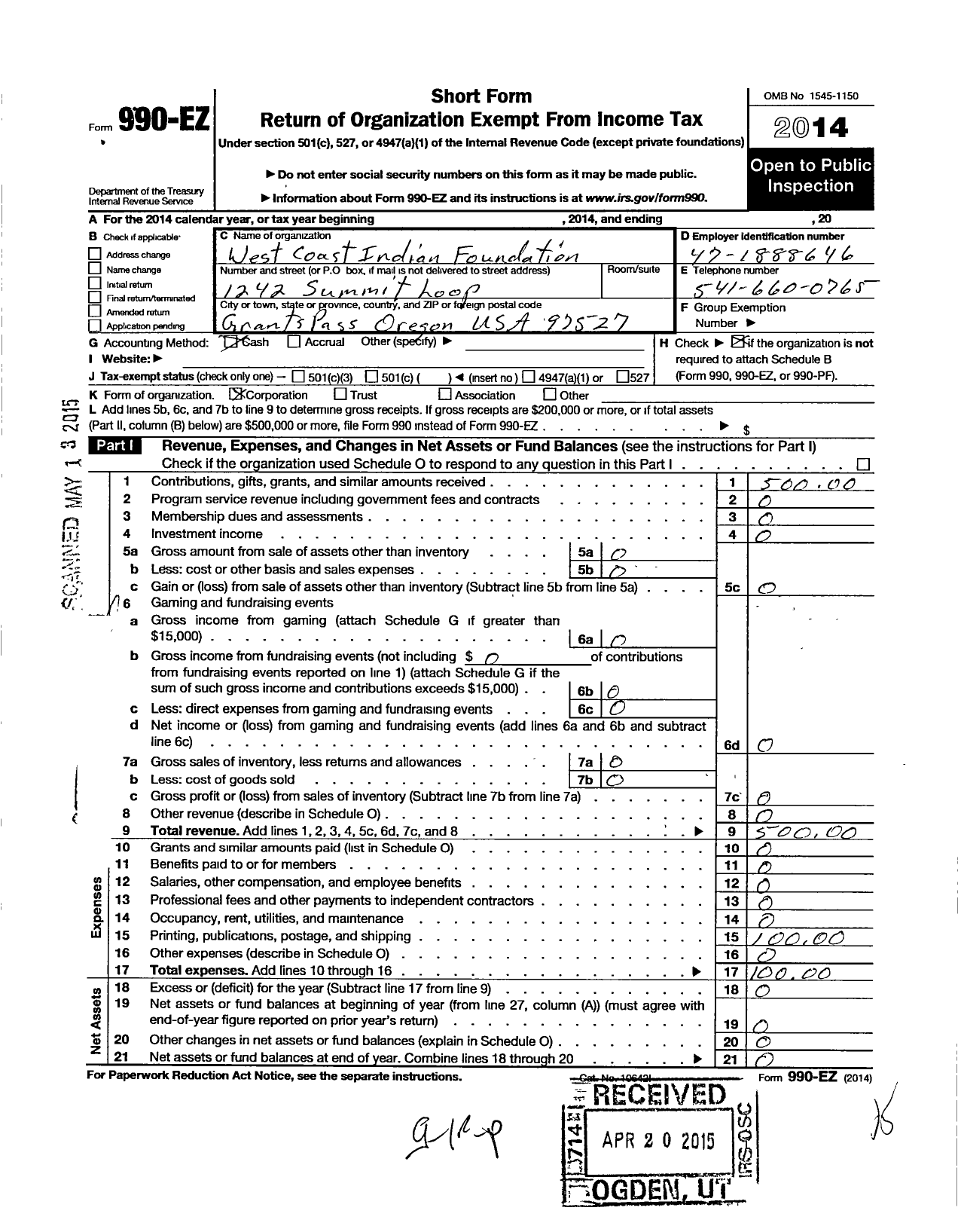 Image of first page of 2014 Form 990EO for West Coast Indian Foundation