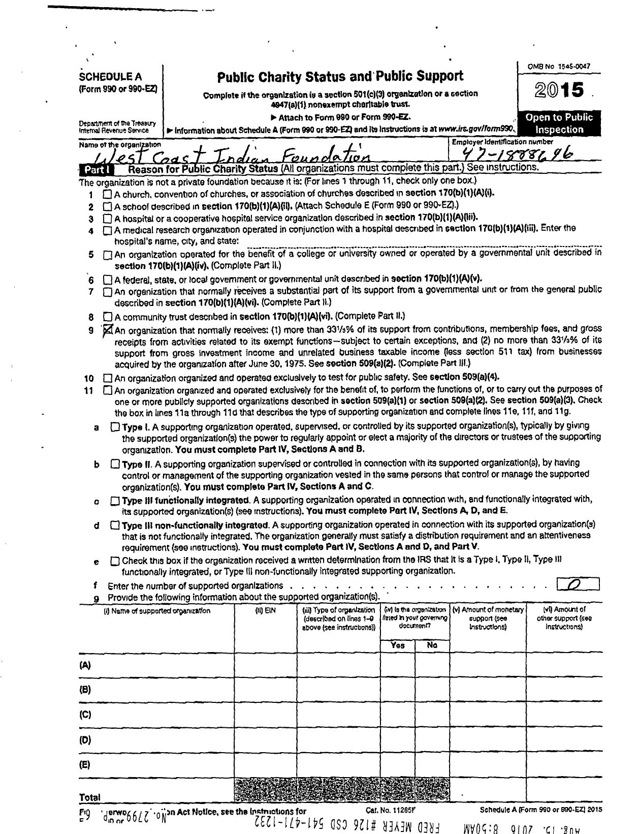 Image of first page of 2015 Form 990ER for West Coast Indian Foundation