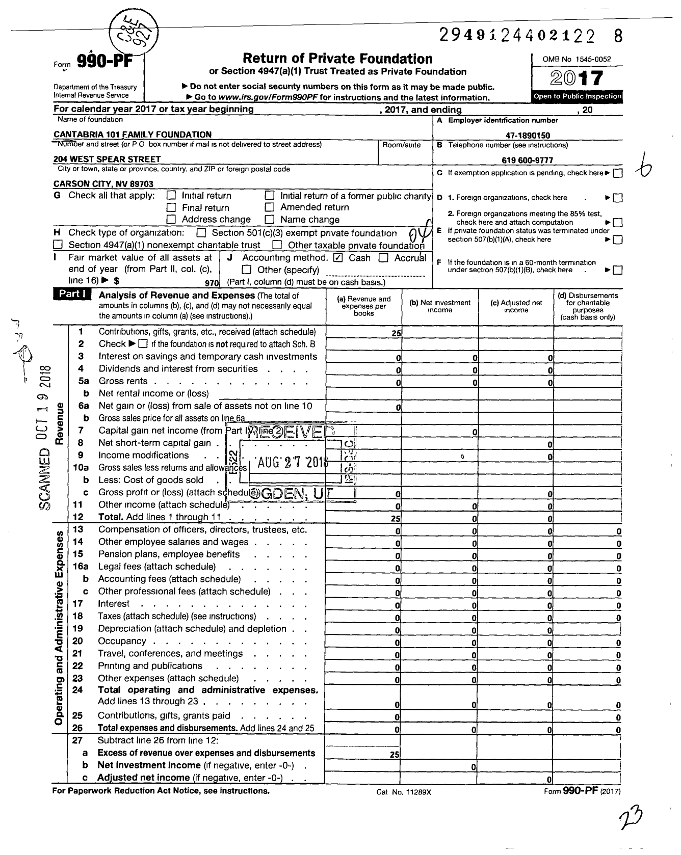 Image of first page of 2017 Form 990PF for Cantabria 101 Family Foundation