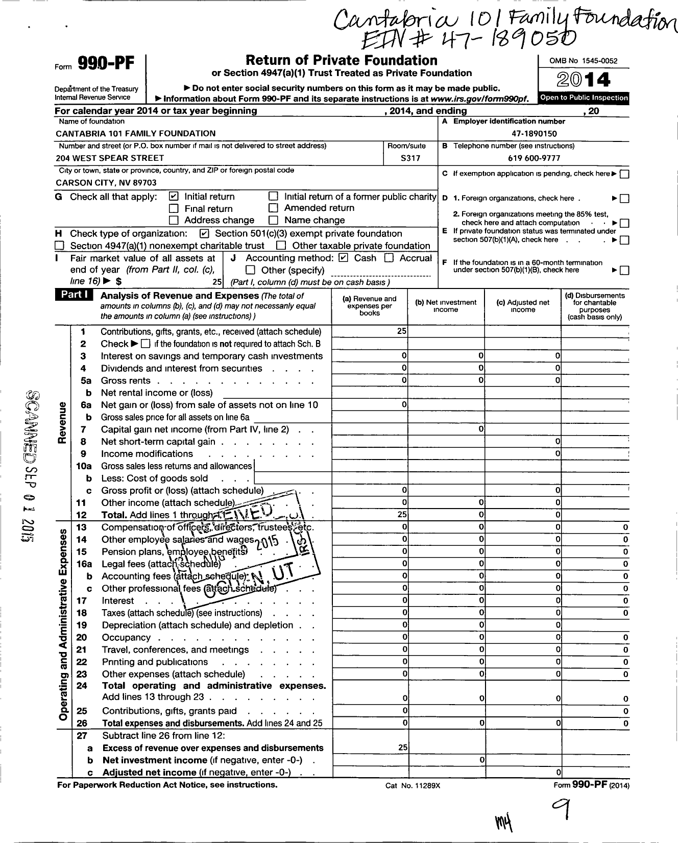 Image of first page of 2014 Form 990PF for Cantabria 101 Family Foundation