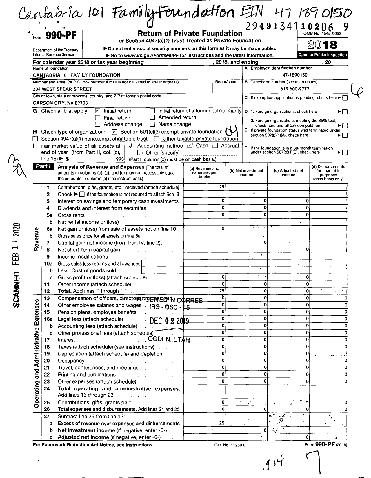 Image of first page of 2018 Form 990PF for Cantabria 101 Family Foundation