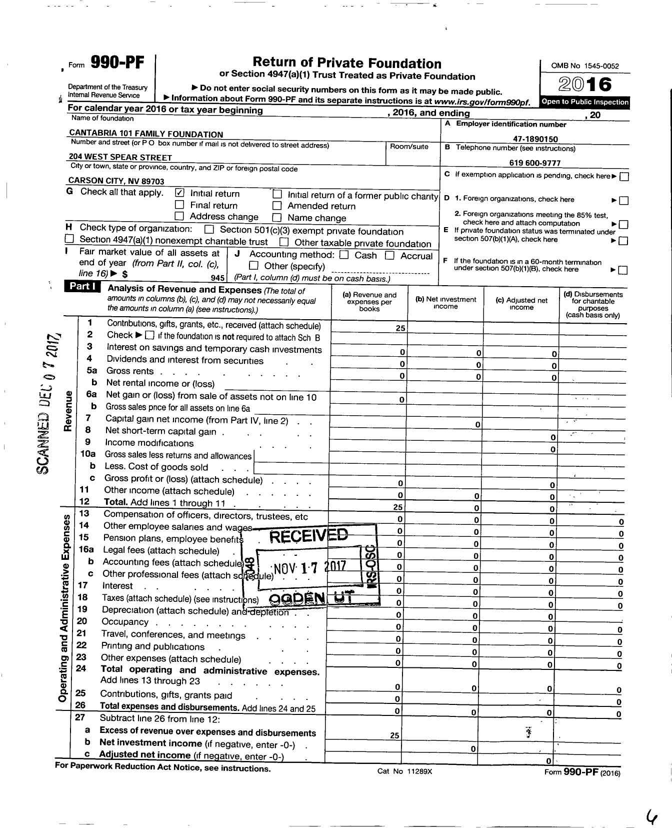 Image of first page of 2016 Form 990PF for Cantabria 101 Family Foundation