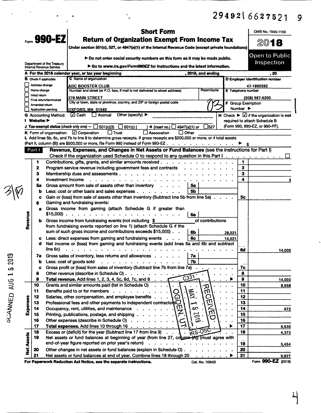 Image of first page of 2018 Form 990EZ for Adc Booster Club