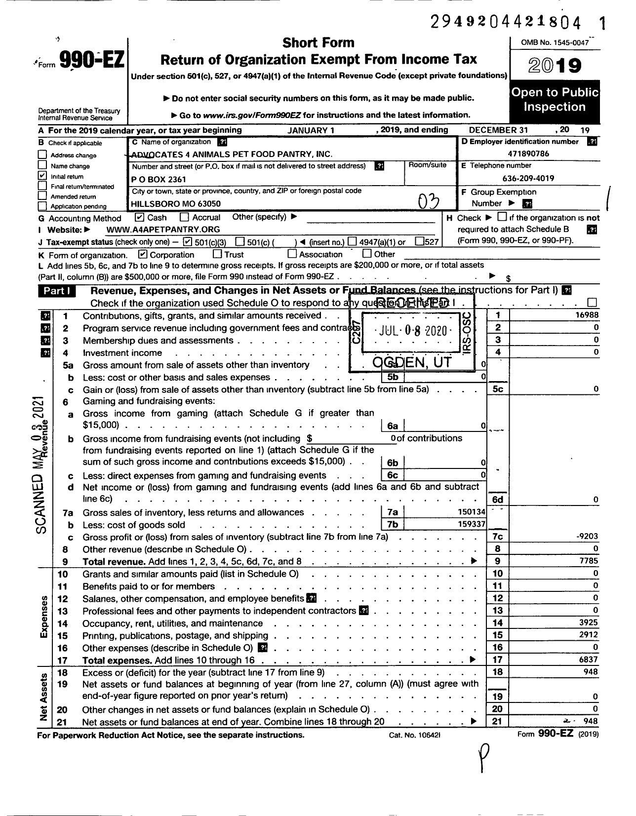 Image of first page of 2019 Form 990EZ for Advocates 4 Animals Pet Food Pantry