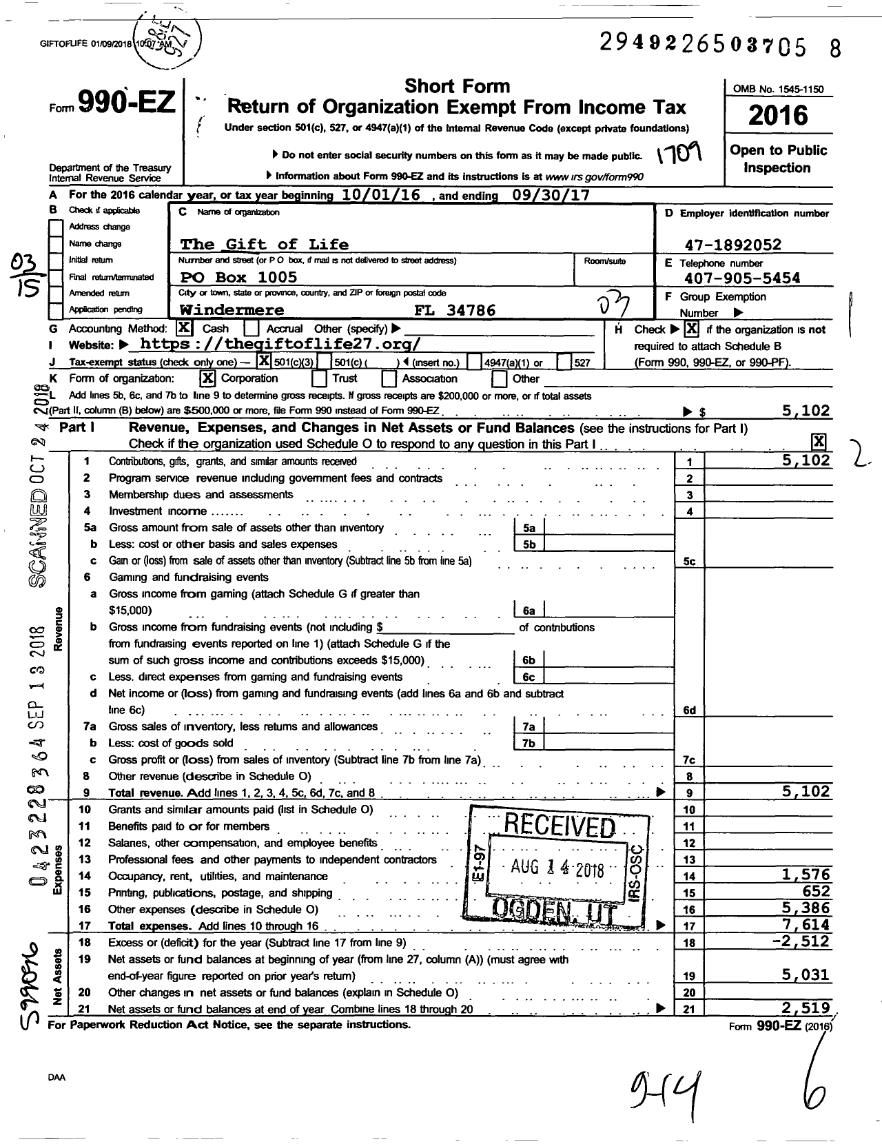 Image of first page of 2016 Form 990EZ for The Gift of Life Corporation