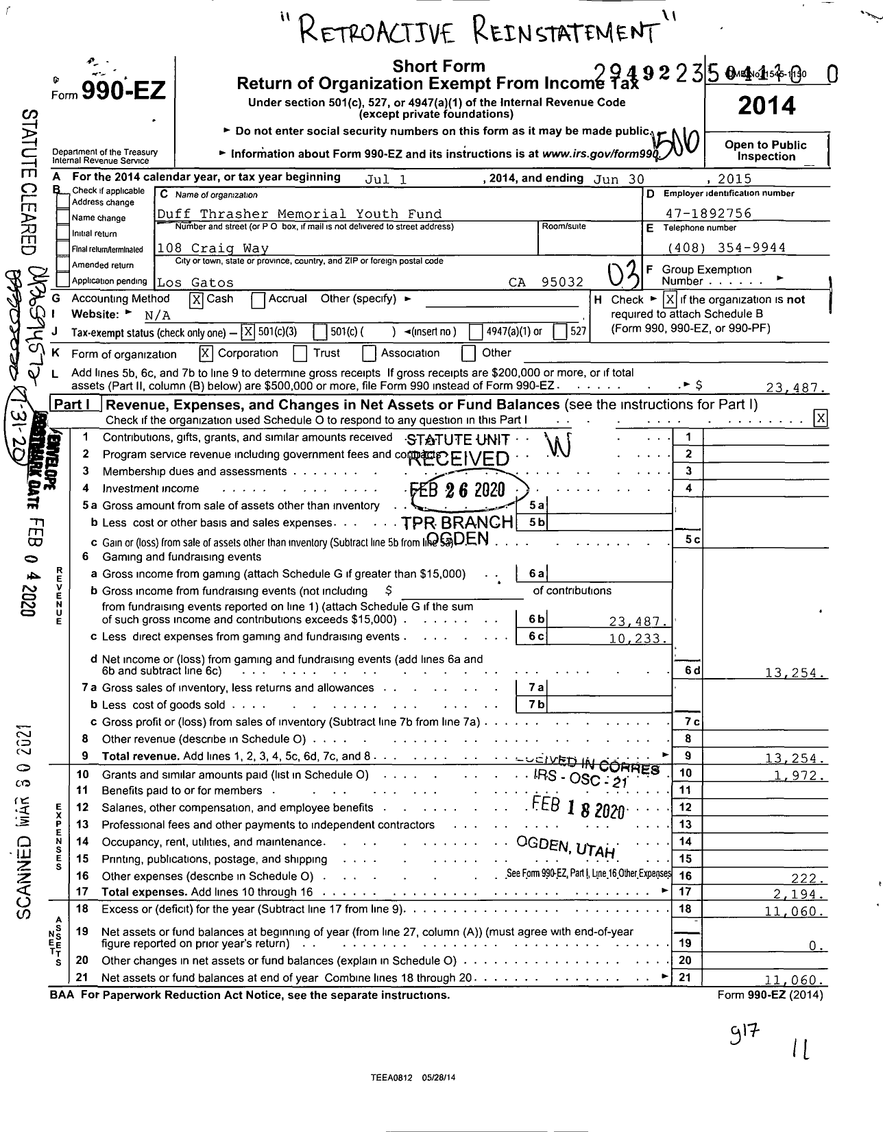 Image of first page of 2014 Form 990EZ for Duff Thrasher Memorial Youth Fund