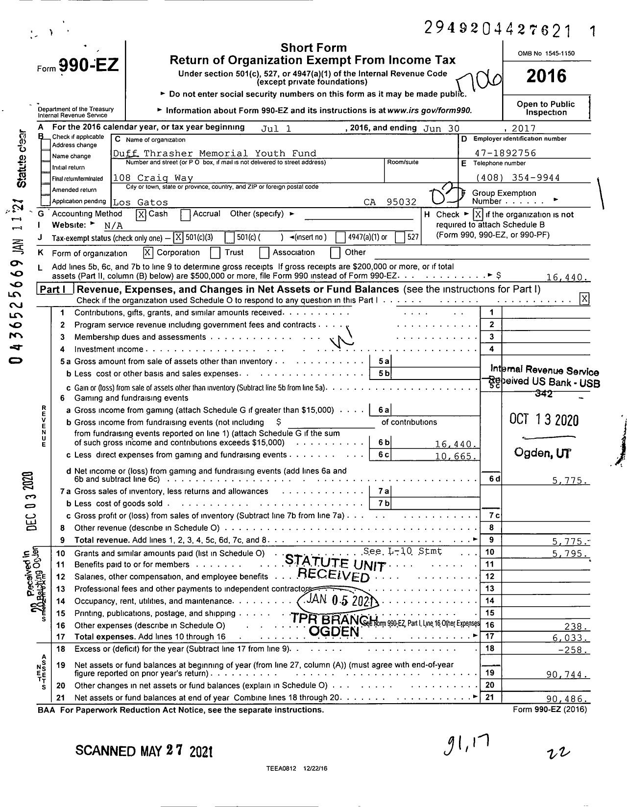 Image of first page of 2016 Form 990EZ for Duff Thrasher Memorial Youth Fund