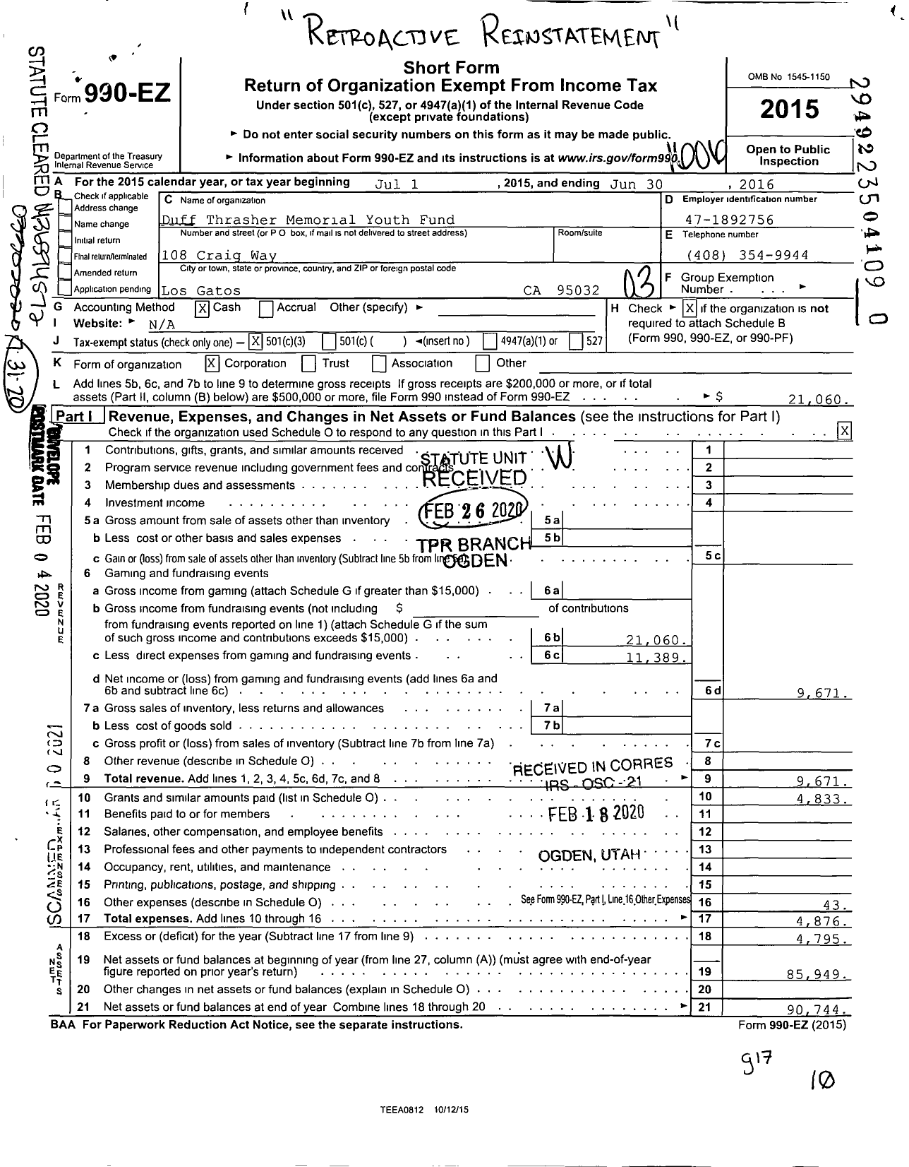 Image of first page of 2015 Form 990EZ for Duff Thrasher Memorial Youth Fund