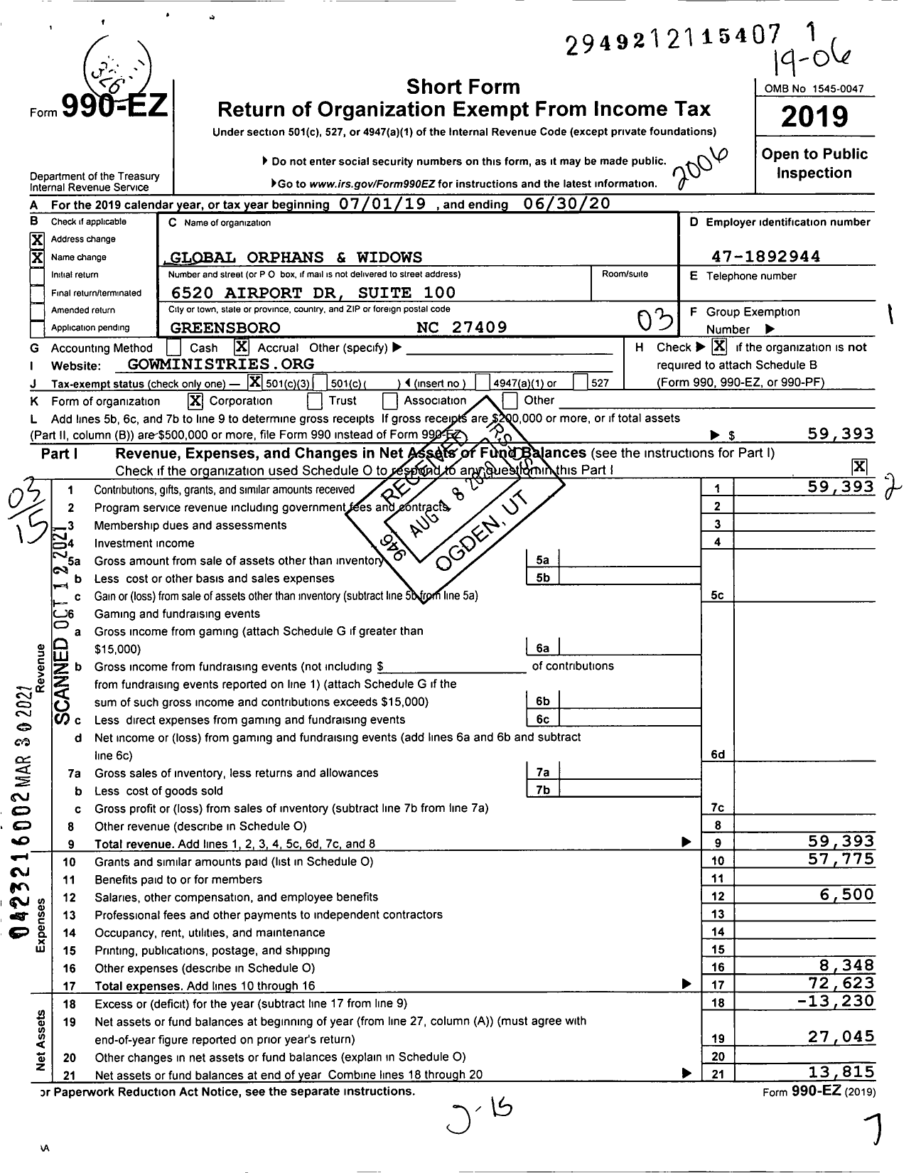 Image of first page of 2019 Form 990EZ for Global Orphans and Widows