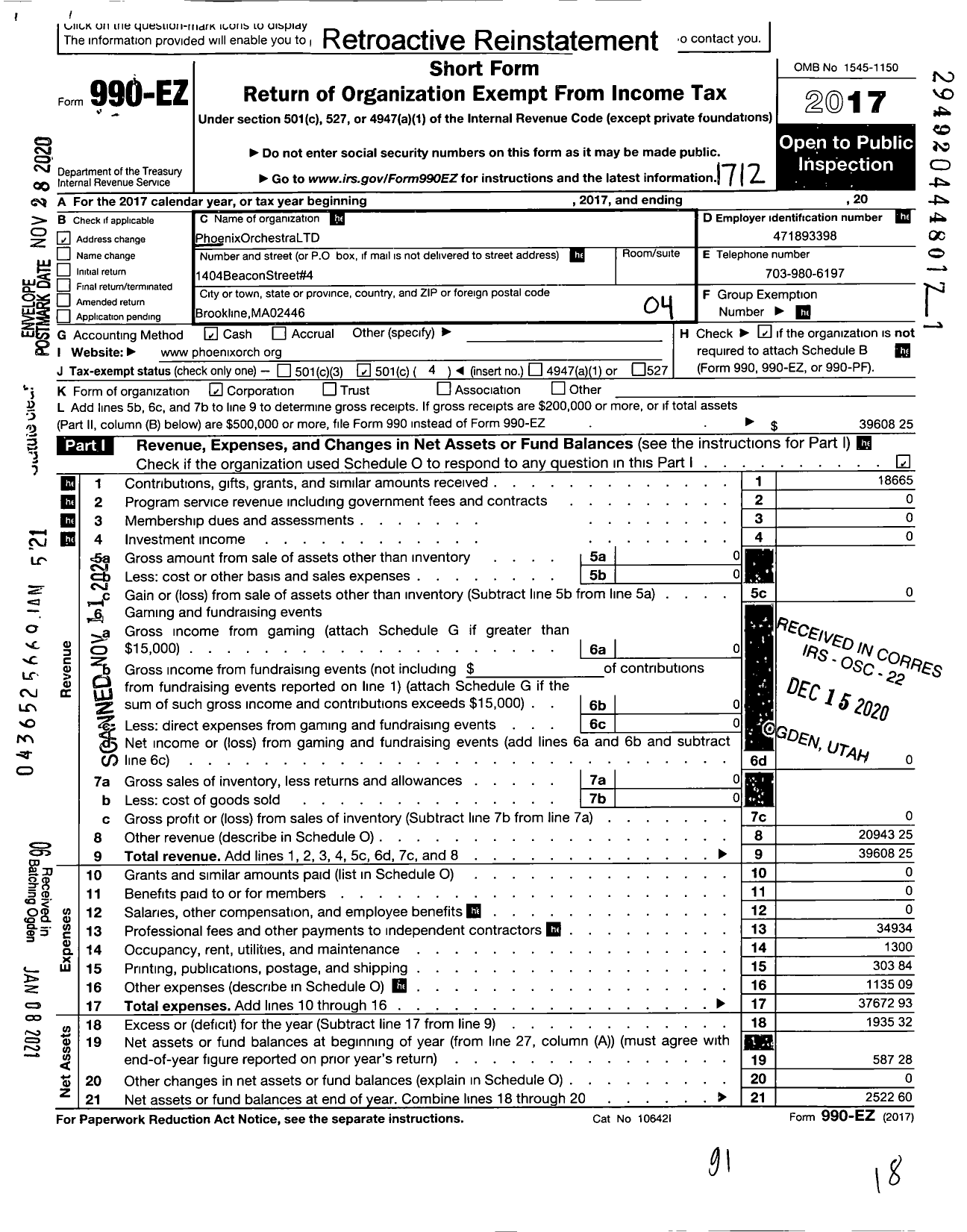 Image of first page of 2017 Form 990EO for Phoenix Orchestra