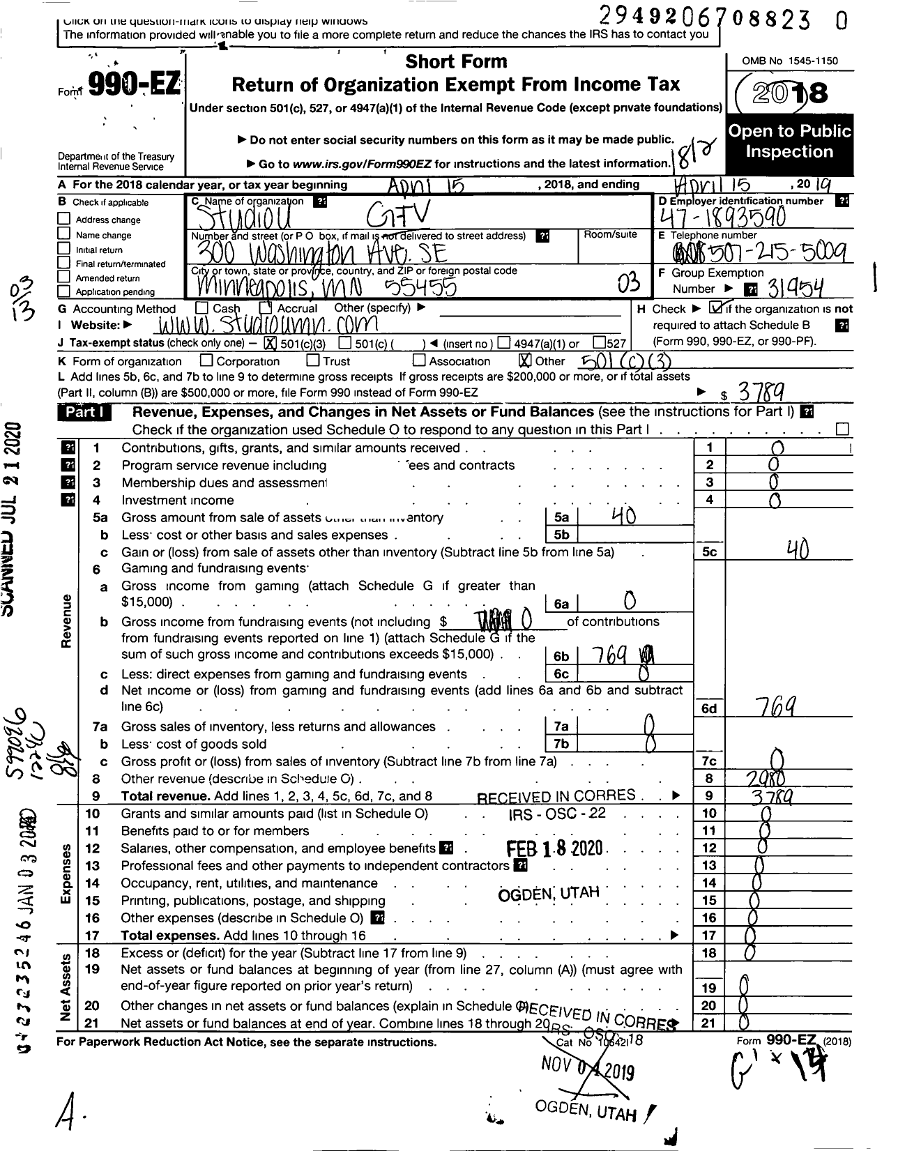 Image of first page of 2018 Form 990EZ for G-TV