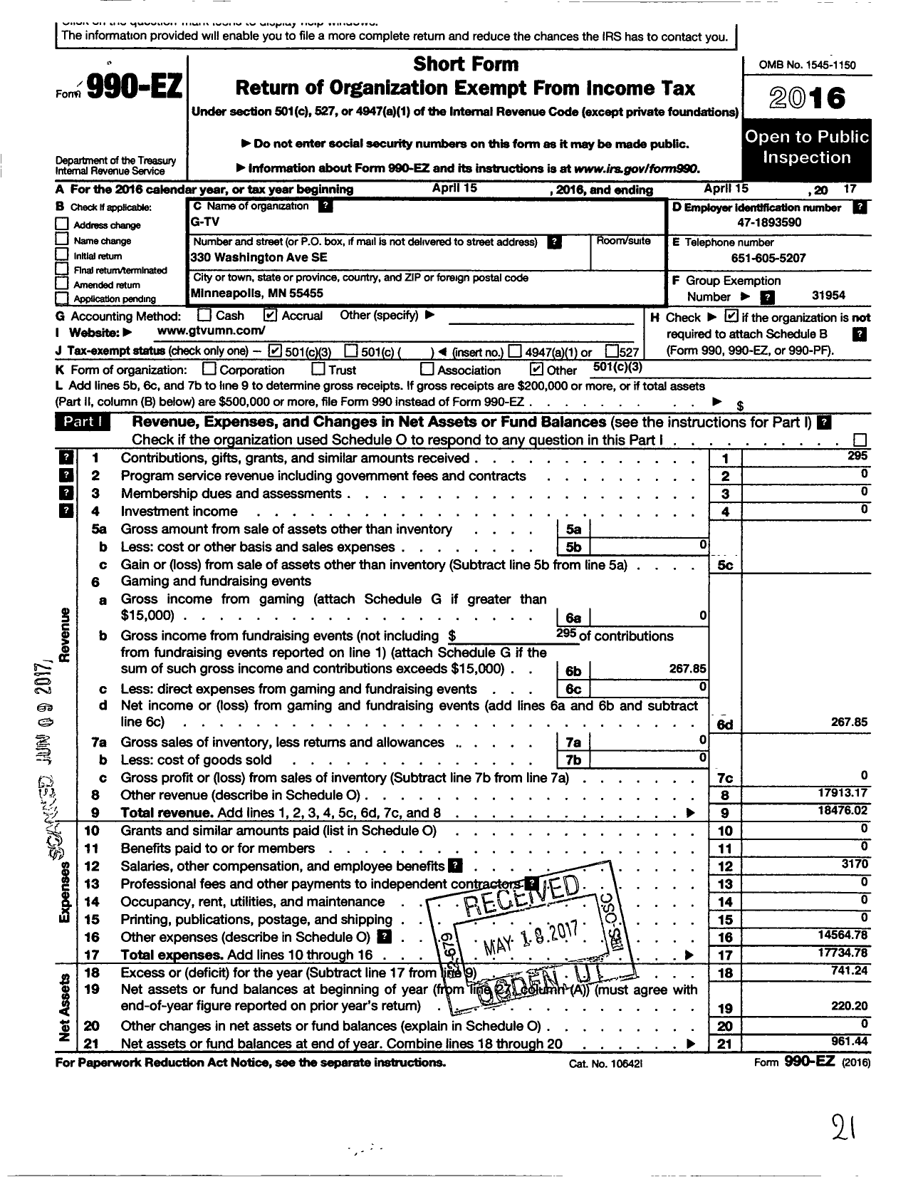 Image of first page of 2016 Form 990EZ for G-TV