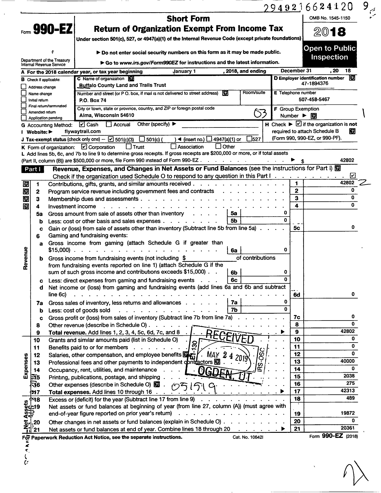 Image of first page of 2018 Form 990EZ for Flyway Trail