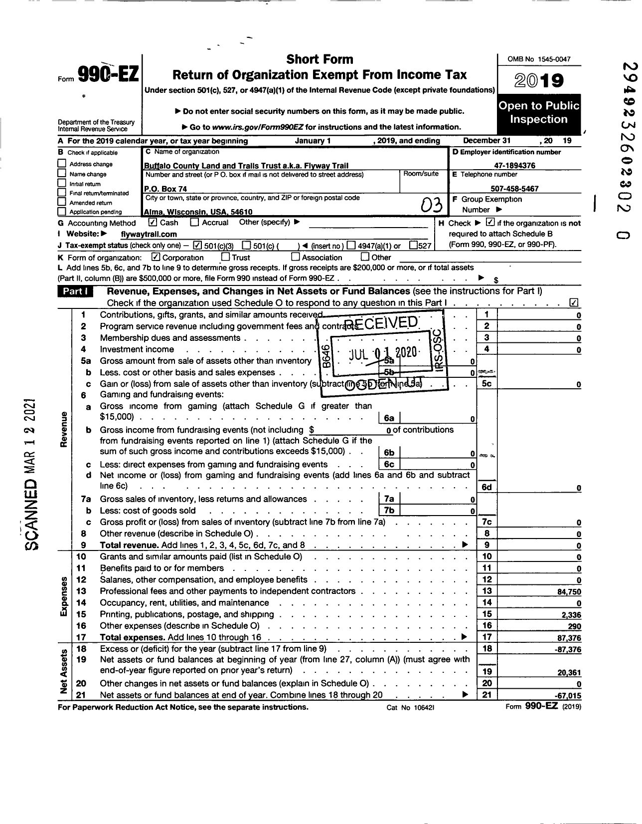 Image of first page of 2019 Form 990EZ for Flyway Trail