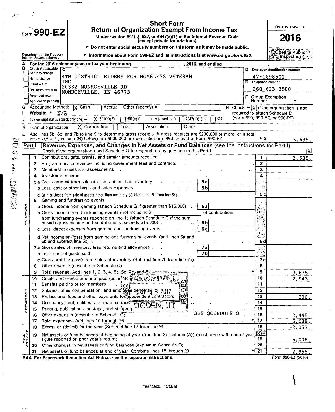 Image of first page of 2016 Form 990EZ for 4th District Riders for Homeless Veterans