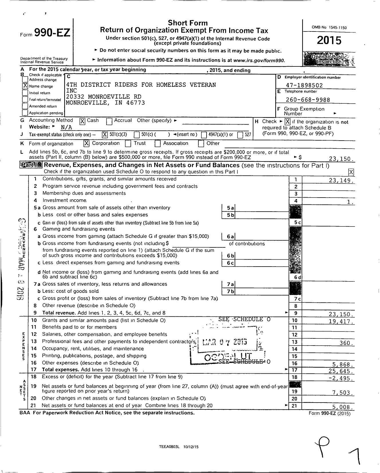 Image of first page of 2015 Form 990EZ for 4th District Riders for Homeless Veterans