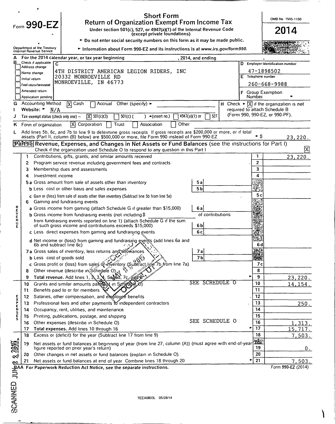 Image of first page of 2014 Form 990EZ for 4th District Riders for Homeless Veterans