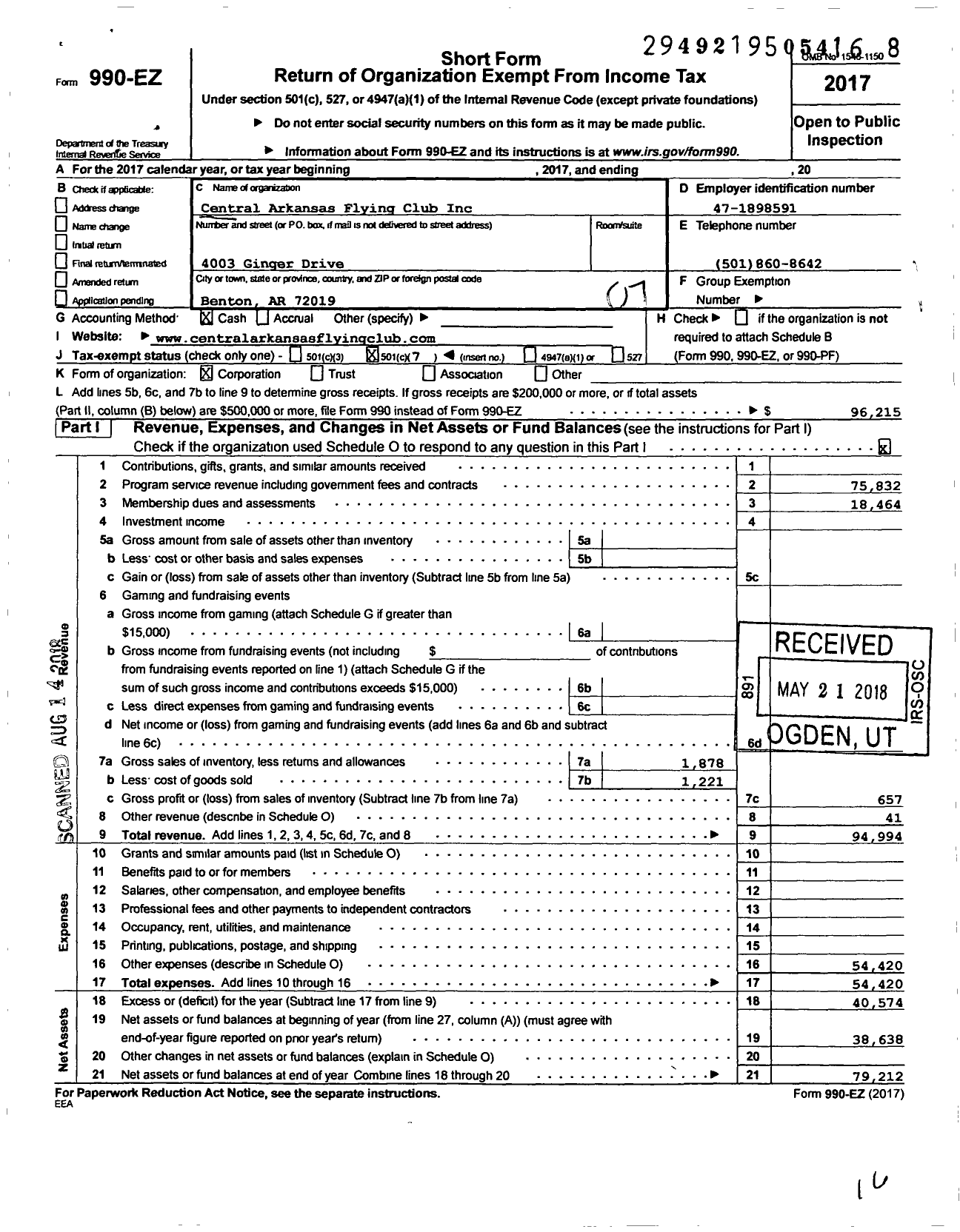 Image of first page of 2017 Form 990EO for Central Arkansas Flying Club