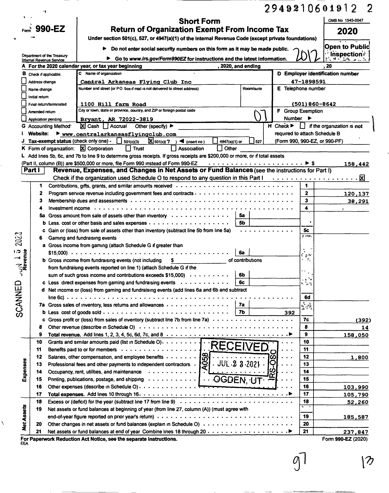 Image of first page of 2020 Form 990EO for Central Arkansas Flying Club