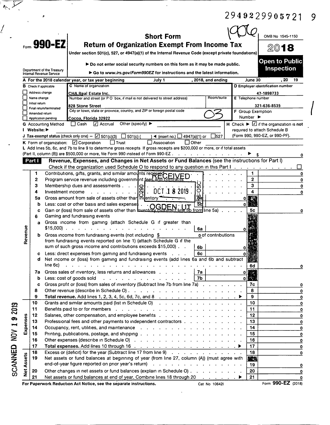 Image of first page of 2018 Form 990EZ for Cha Real Estate