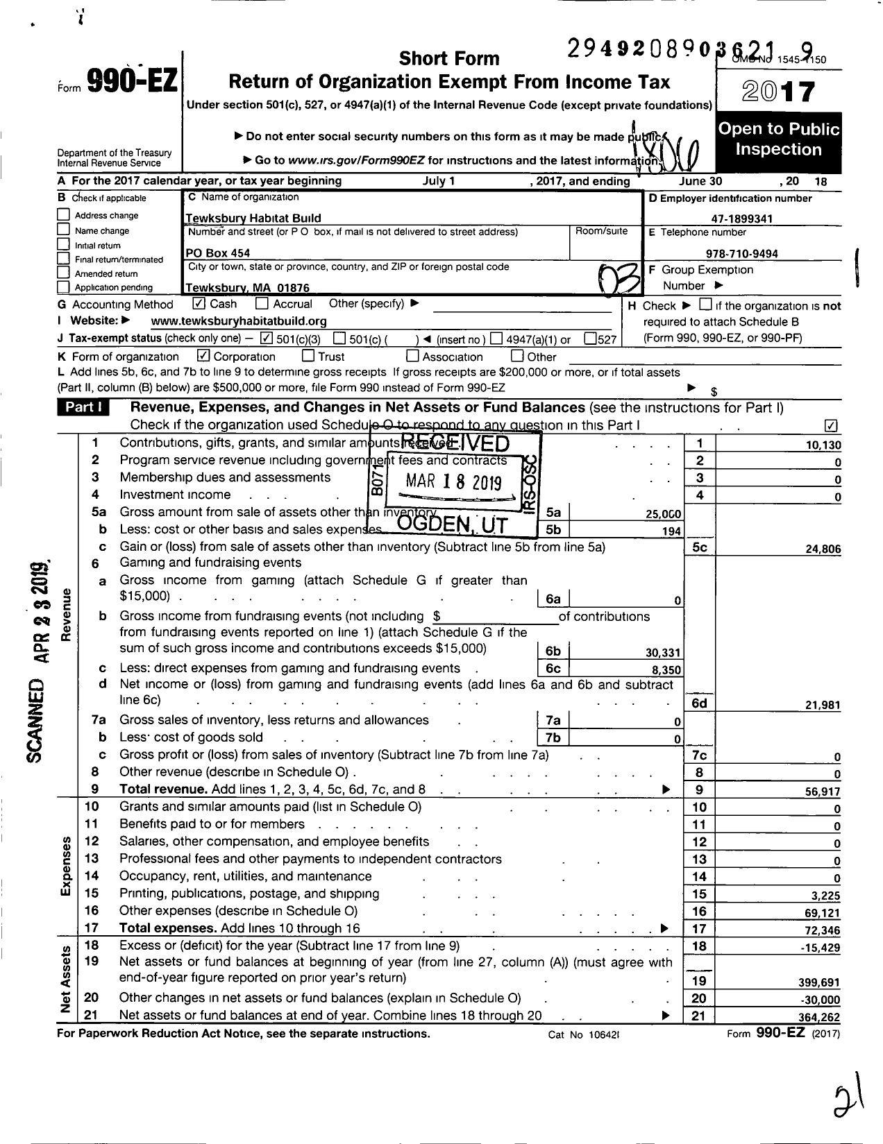 Image of first page of 2017 Form 990EZ for Tewksbury Home Build