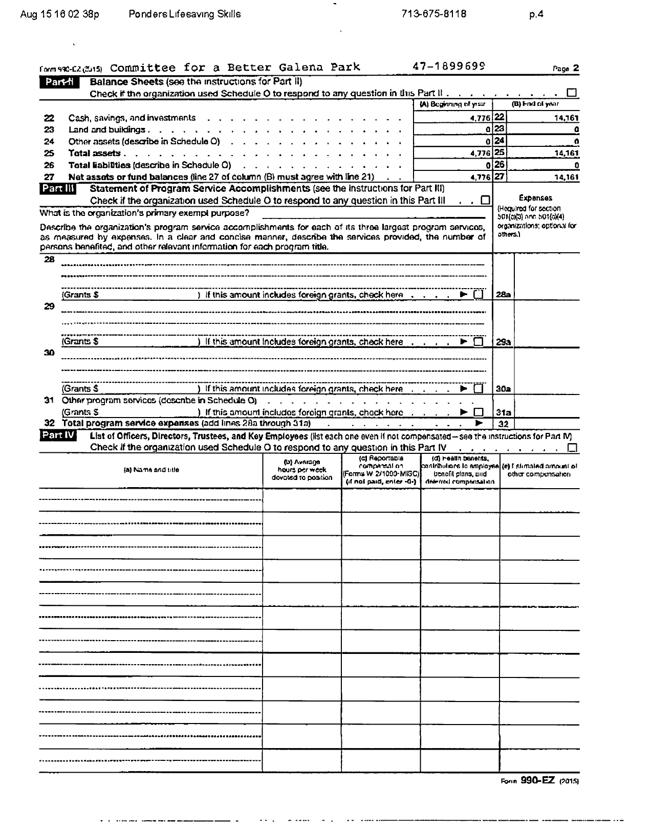 Image of first page of 2015 Form 990ER for Committee for A Better Galena Park