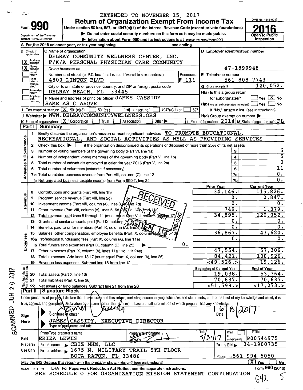 Image of first page of 2016 Form 990 for Delray Community Wellness Center