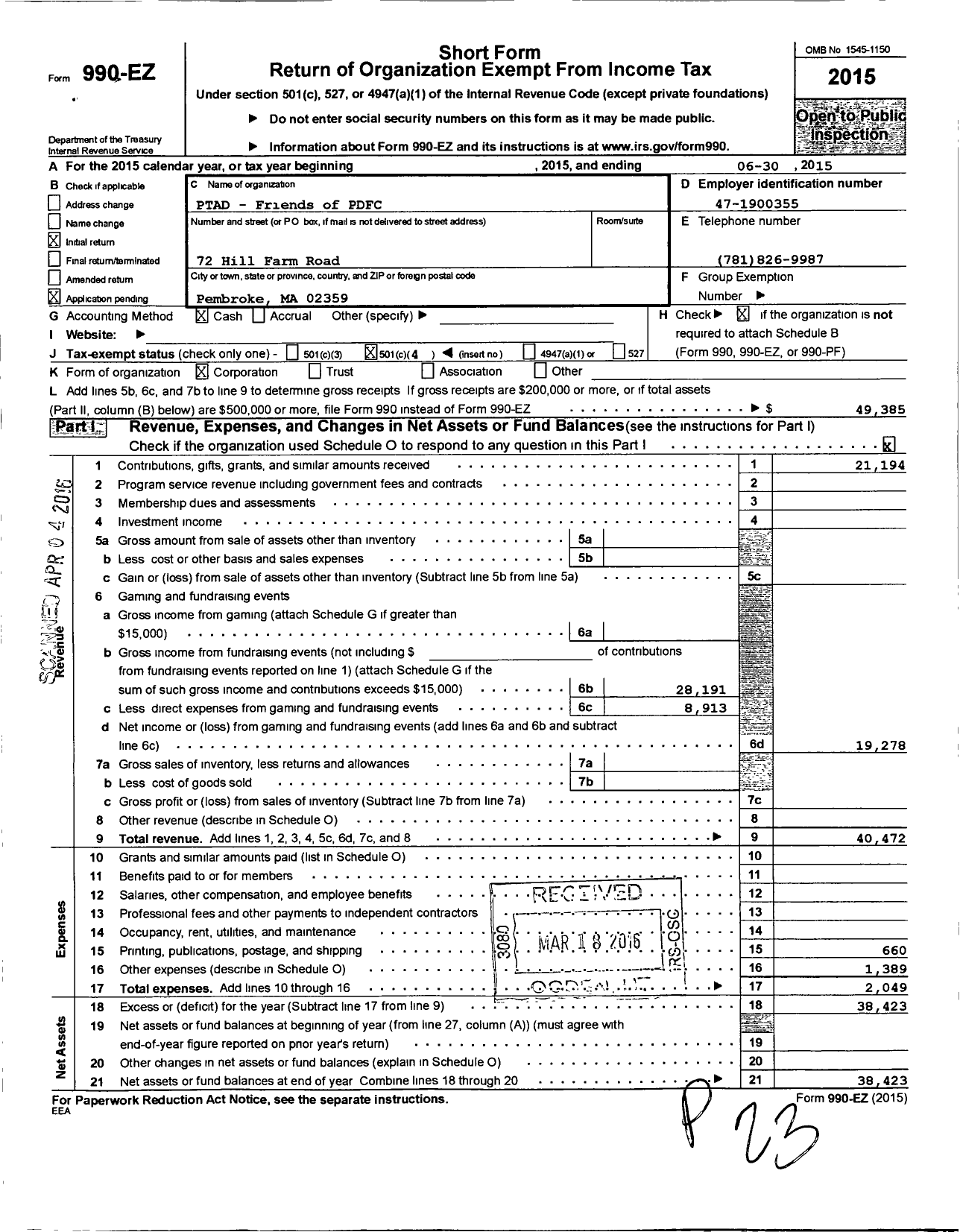 Image of first page of 2014 Form 990EO for PTAD - Friends of PDFC