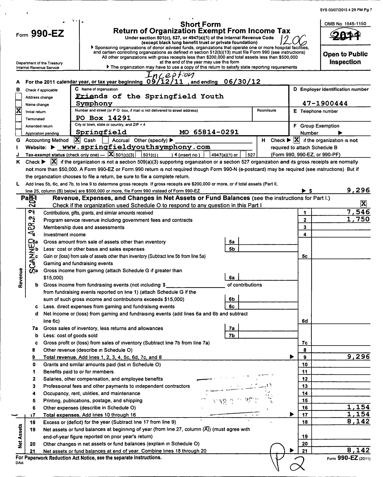 Image of first page of 2011 Form 990EZ for Friends of the Springfield Youth