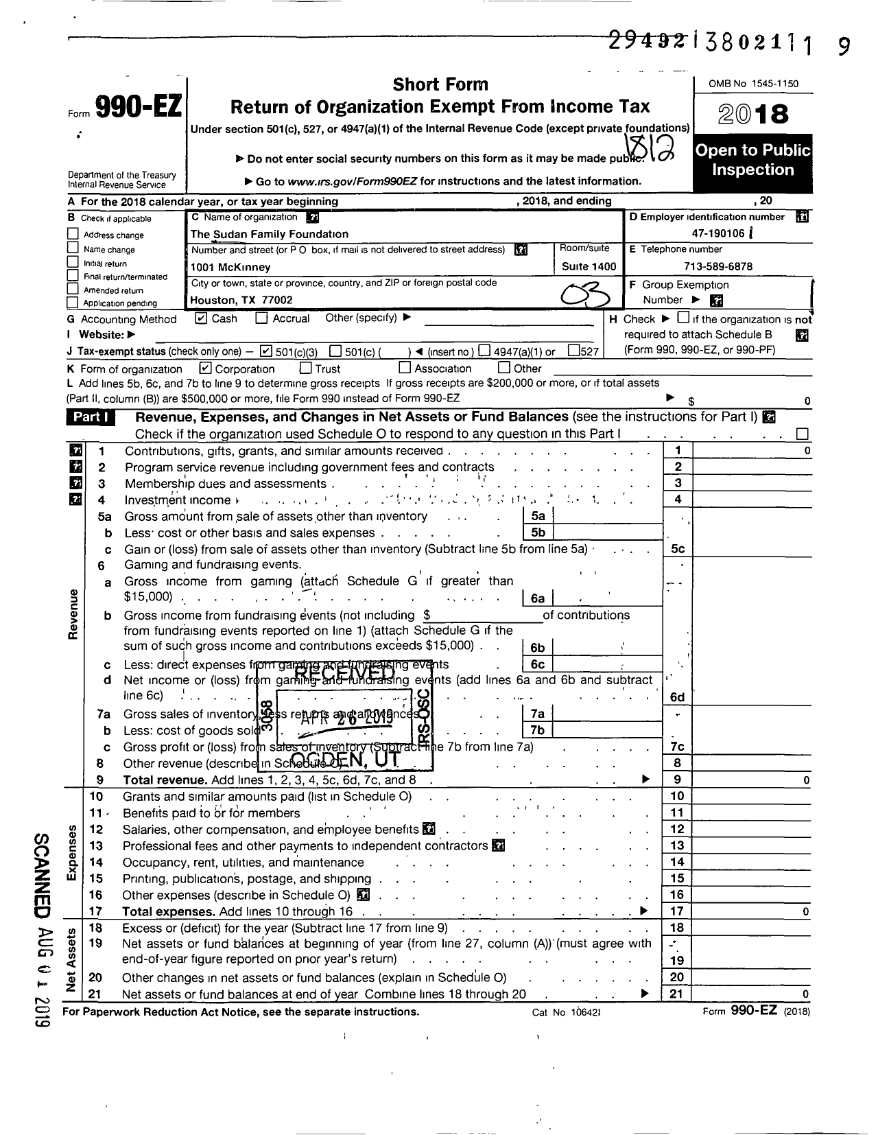 Image of first page of 2018 Form 990EZ for Sudan Family Foundation