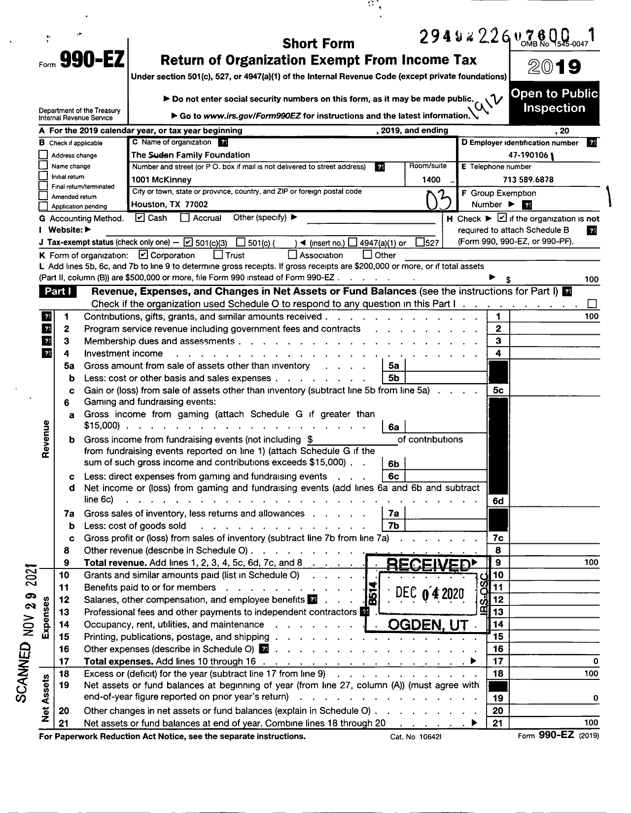 Image of first page of 2019 Form 990EZ for Sudan Family Foundation