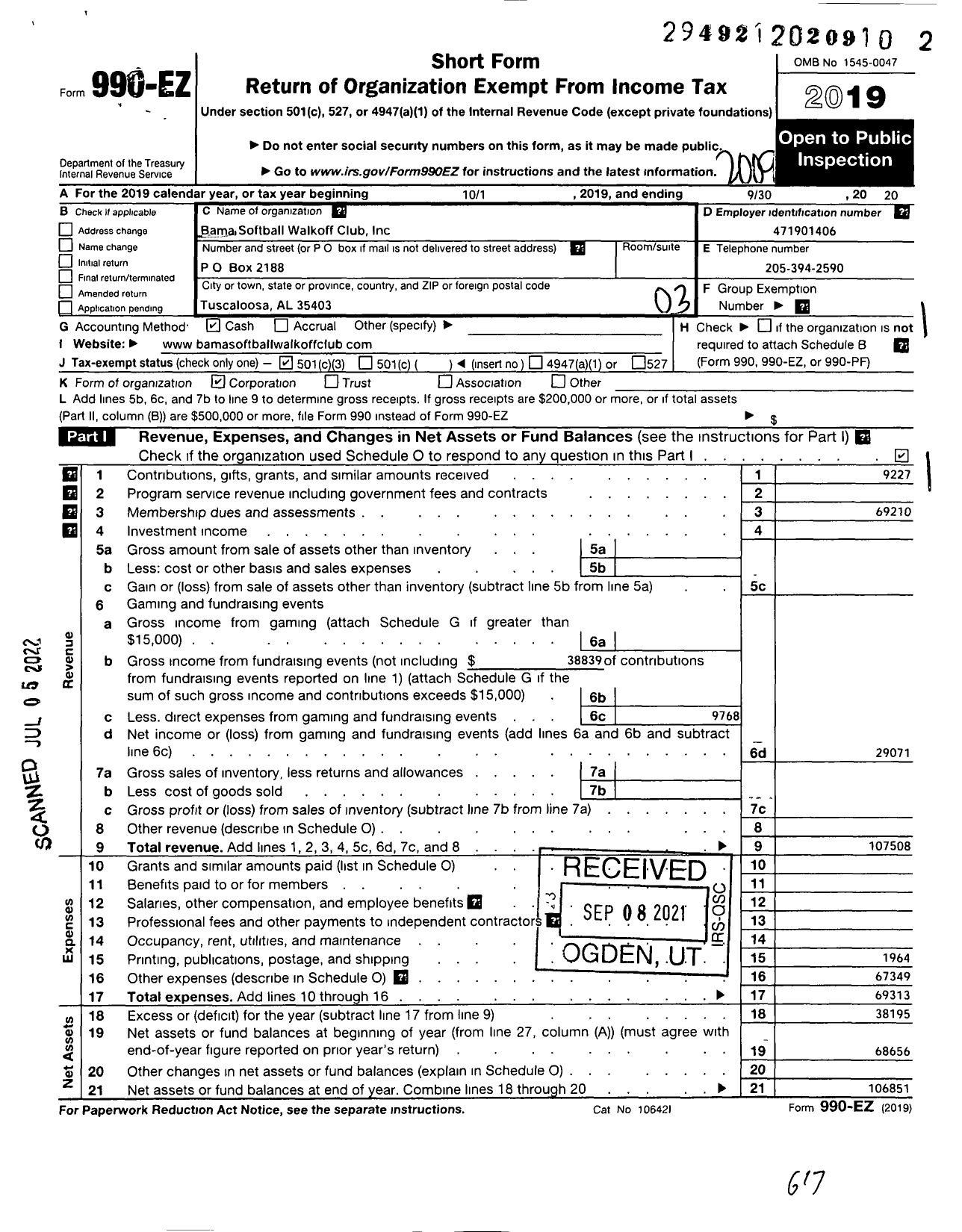 Image of first page of 2019 Form 990EZ for Bama Softball Walkoff Club