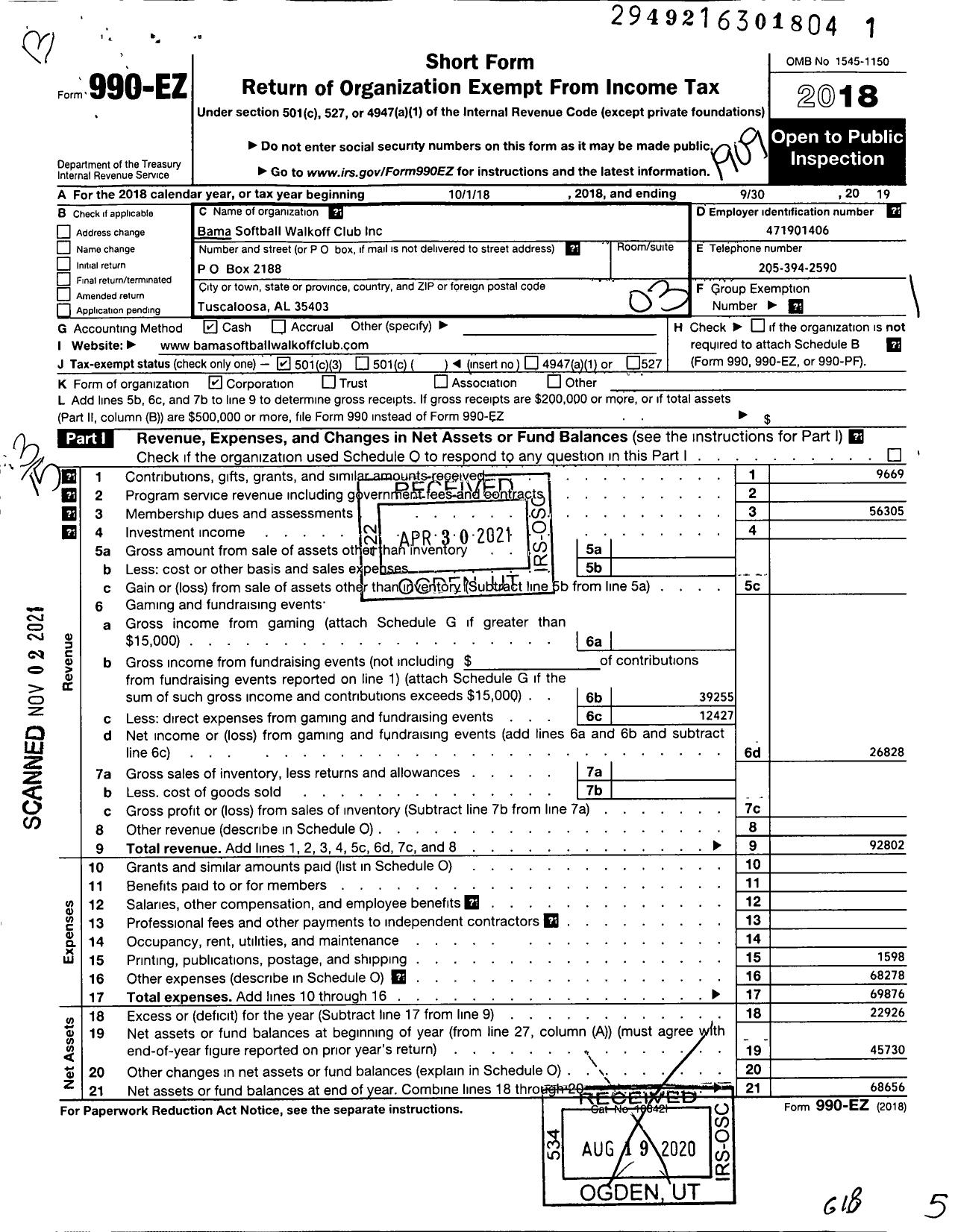 Image of first page of 2018 Form 990EZ for Bama Softball Walkoff Club