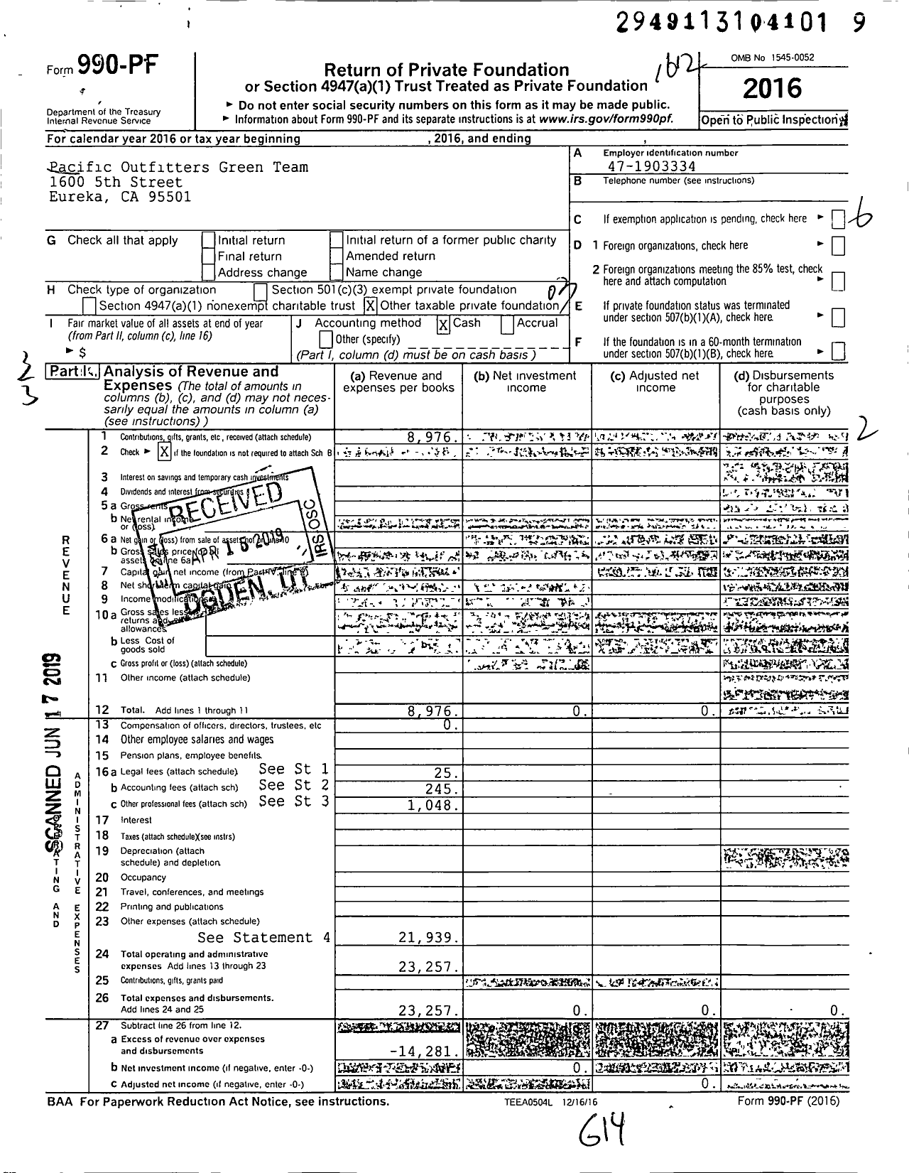 Image of first page of 2016 Form 990PF for Pacific Outfitters Green Team