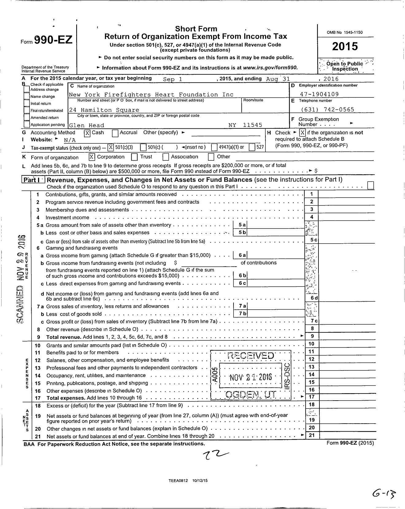 Image of first page of 2015 Form 990EZ for New York Firefights Heart Foundation
