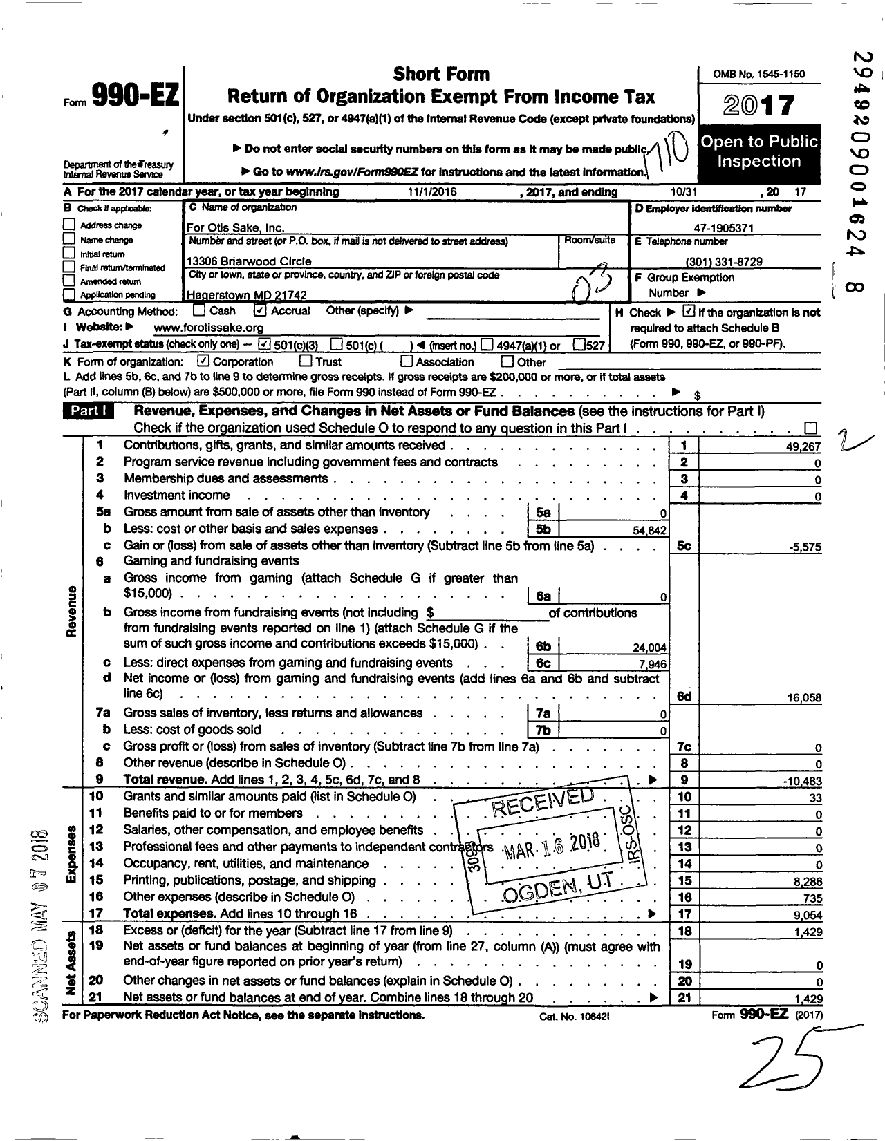 Image of first page of 2016 Form 990EZ for For Otis Sake