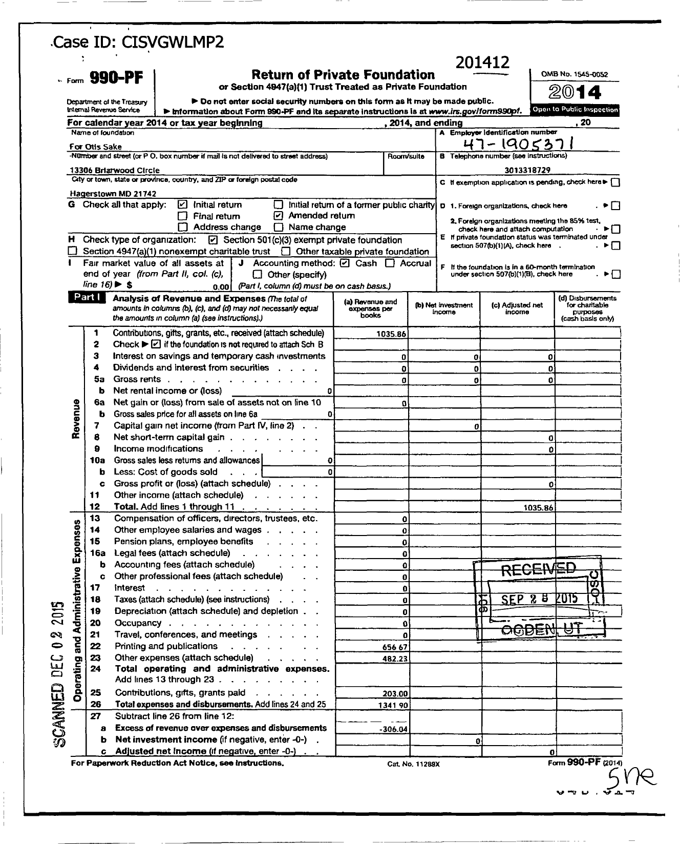 Image of first page of 2014 Form 990PF for For Otis Sake