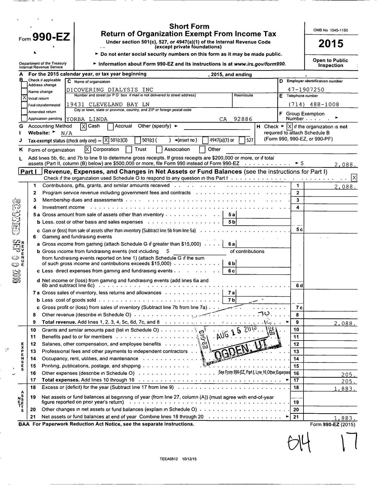 Image of first page of 2015 Form 990EZ for Discovering Dialysis