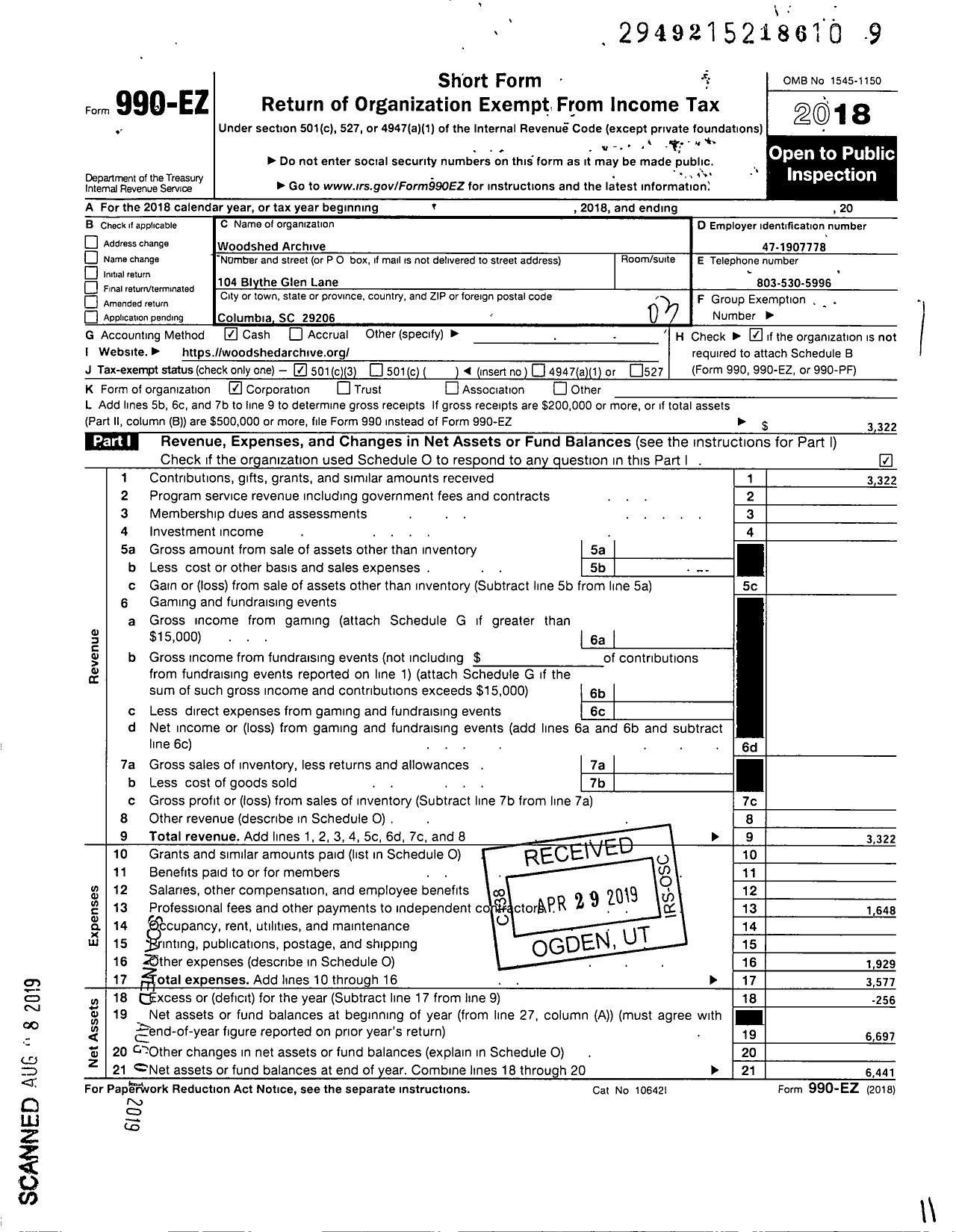 Image of first page of 2018 Form 990EZ for Woodshed Archive